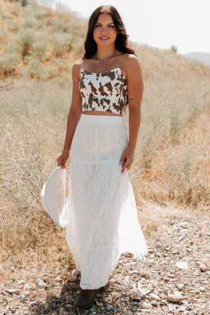 Unique Feature Mood Outfit Golden Haze Floral Lace Tiered Maxi Skirt (Off White)