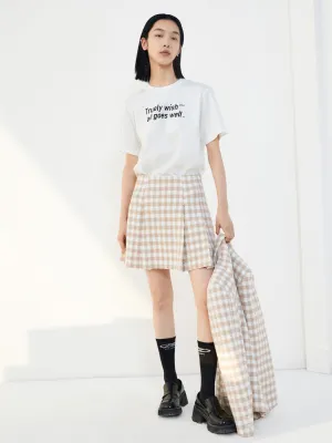 Innovative Fabric Neutral Tone Pleated Checked Skirt