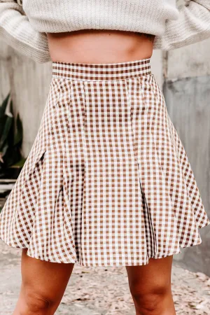 Classic Comfort Schooled Ya Gingham Flared Mini Skirt (Brown)