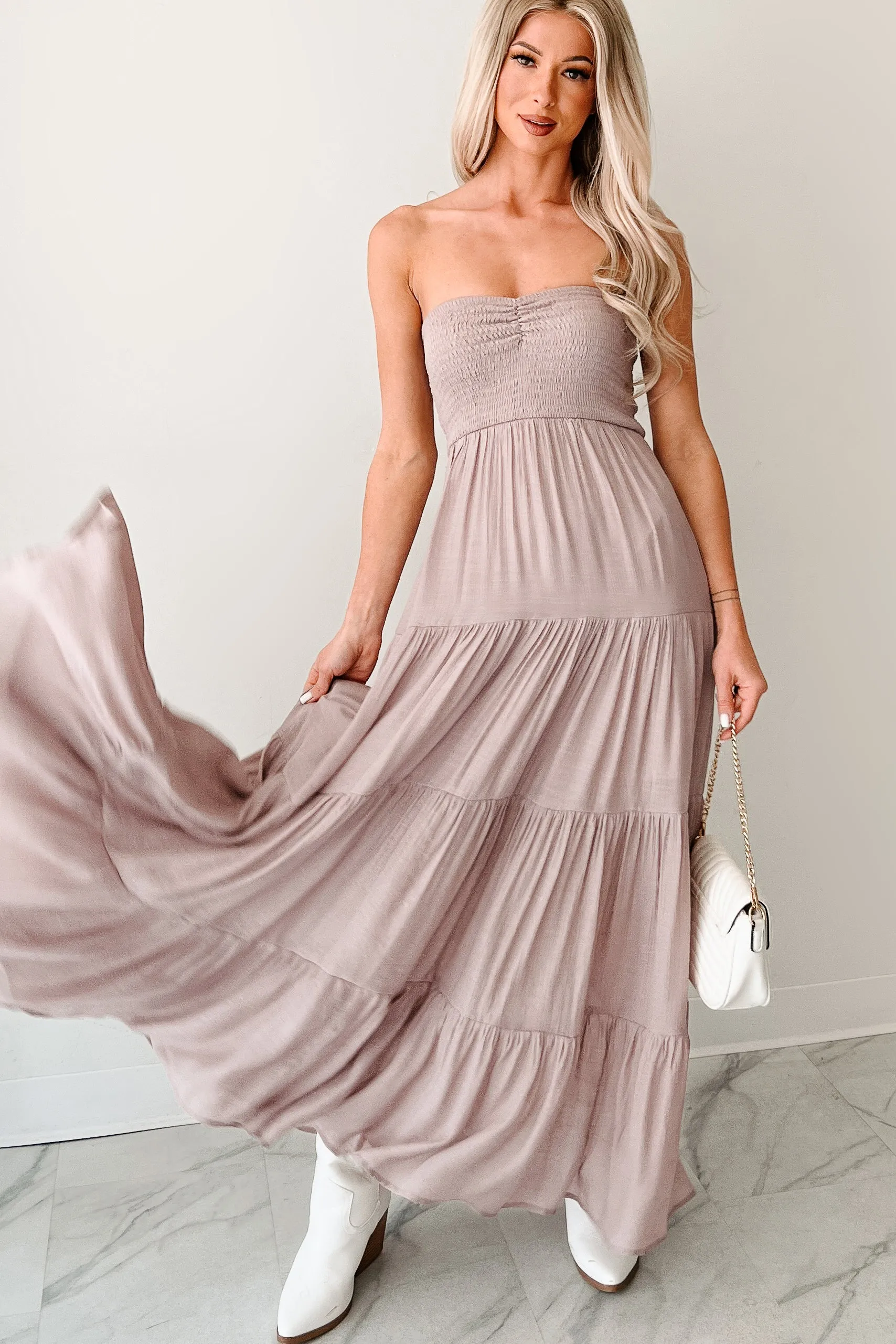 This dress is perfect for transitioning between seasons while still maintaining an elegant look Trading Smiles Strapless Tiered Maxi Dress (Dark Mauve)