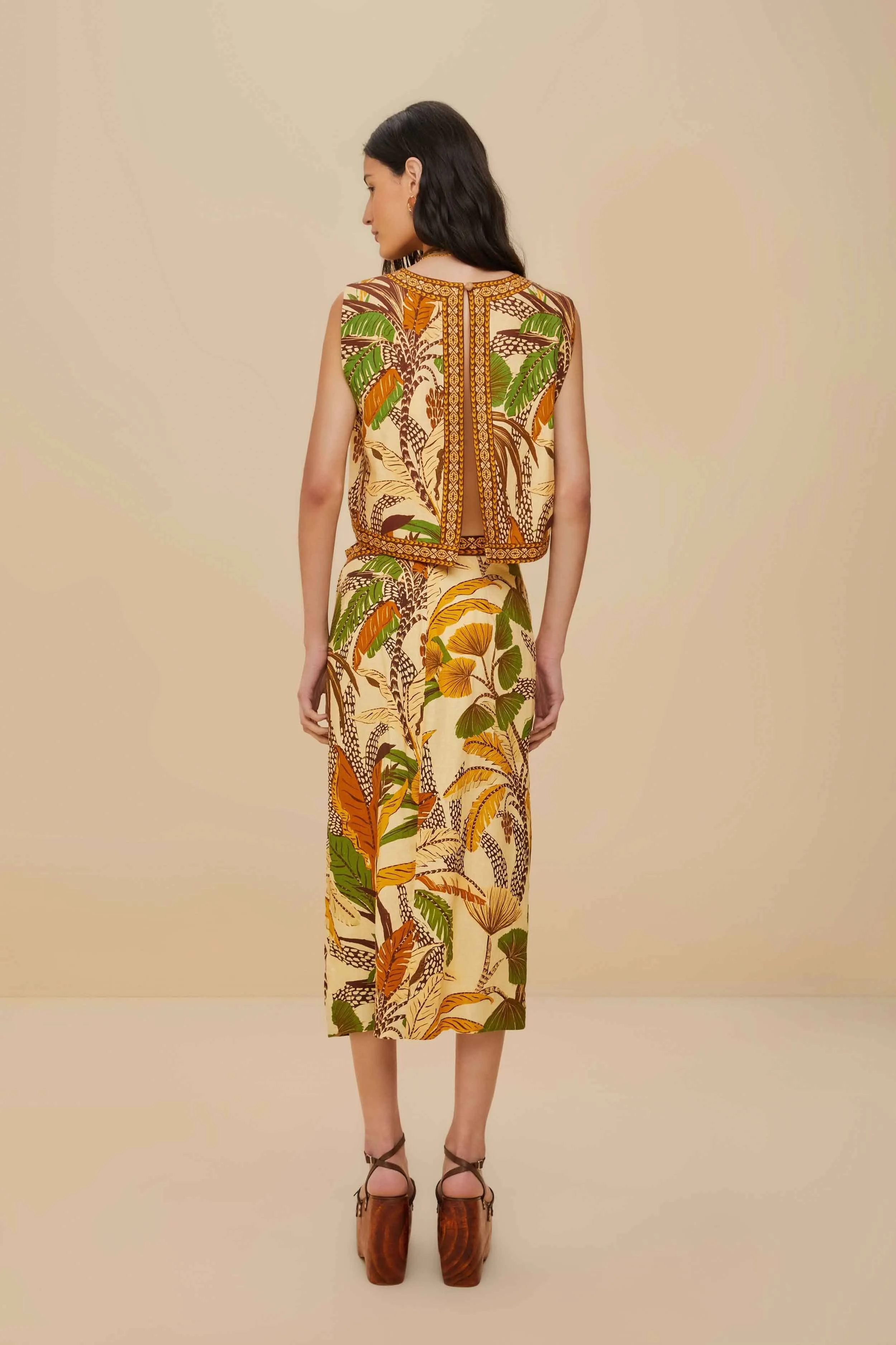 Gentle Flow Sand Foliage Sketch LENZING? ECOVERO? Euroflax? Midi Skirt