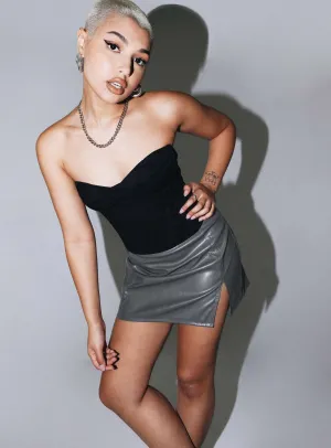 Versatile Fit Double Stitched Zahra PU Mini Skirt Grey