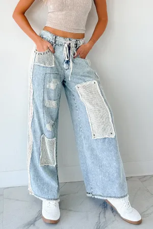 Distressed Detailing Classic Wear Textured Annabell POL Patchwork Wide Leg Jeans (Denim)