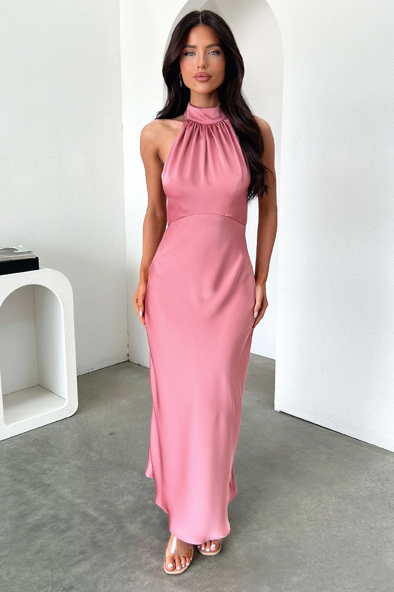 Daphne High Neck Maxi Dress - Rose Olive Green Tile Court