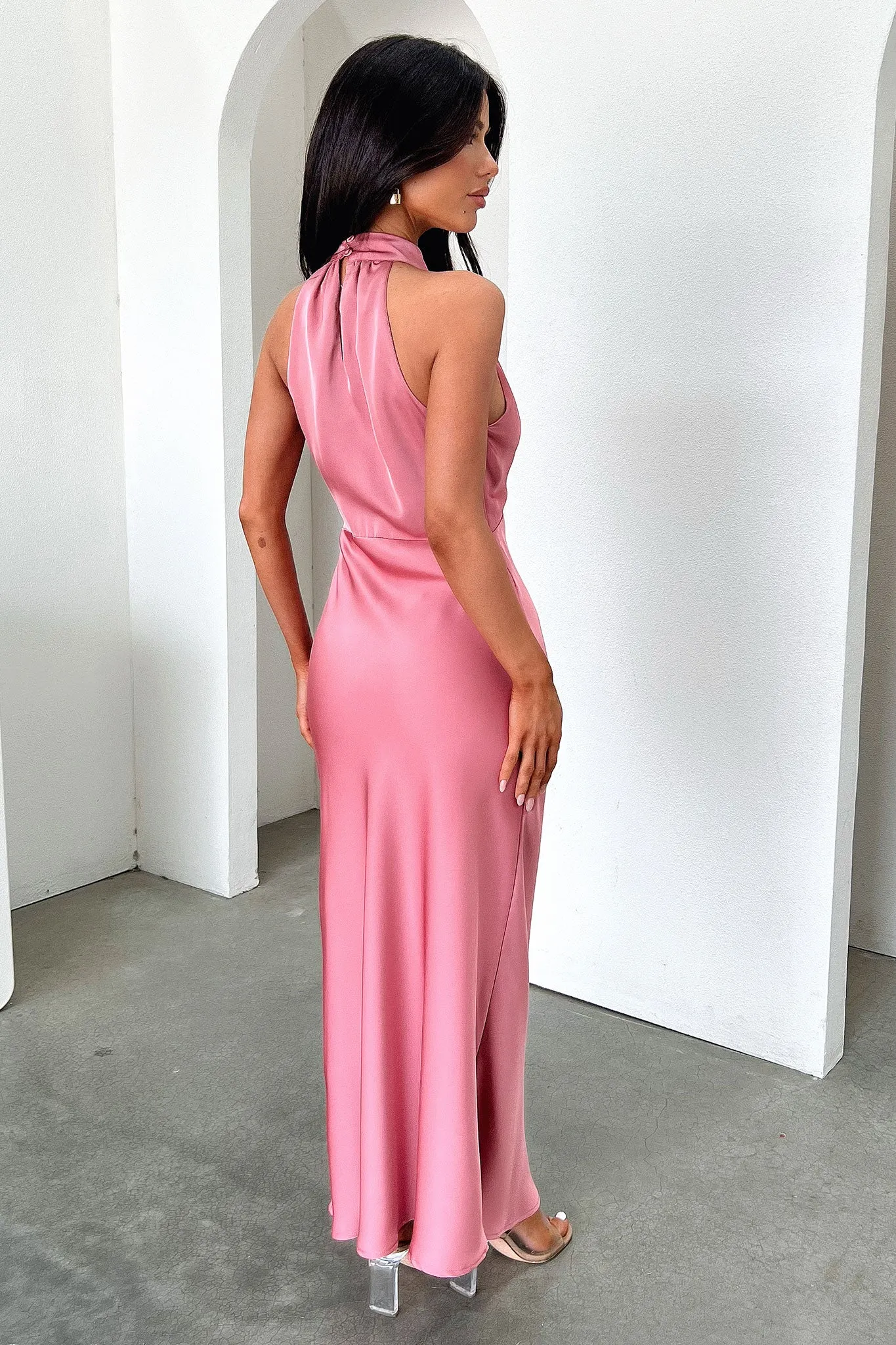 Its simple design makes it easy to pair with accessories and shoes for a personalized look Daphne High Neck Maxi Dress - Rose