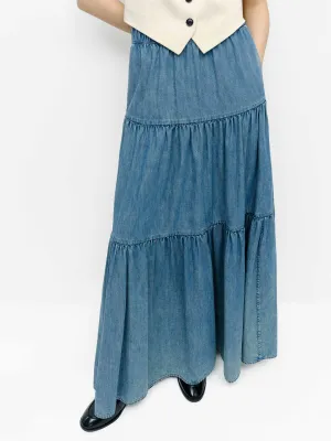 Foil Print Elasticated Denim Maxi Skirt