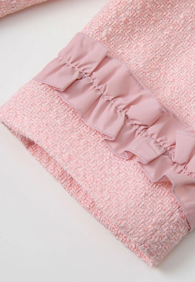 FadeResistantDye Ruffle-detail Crystal-button Tweed Jacket Pink