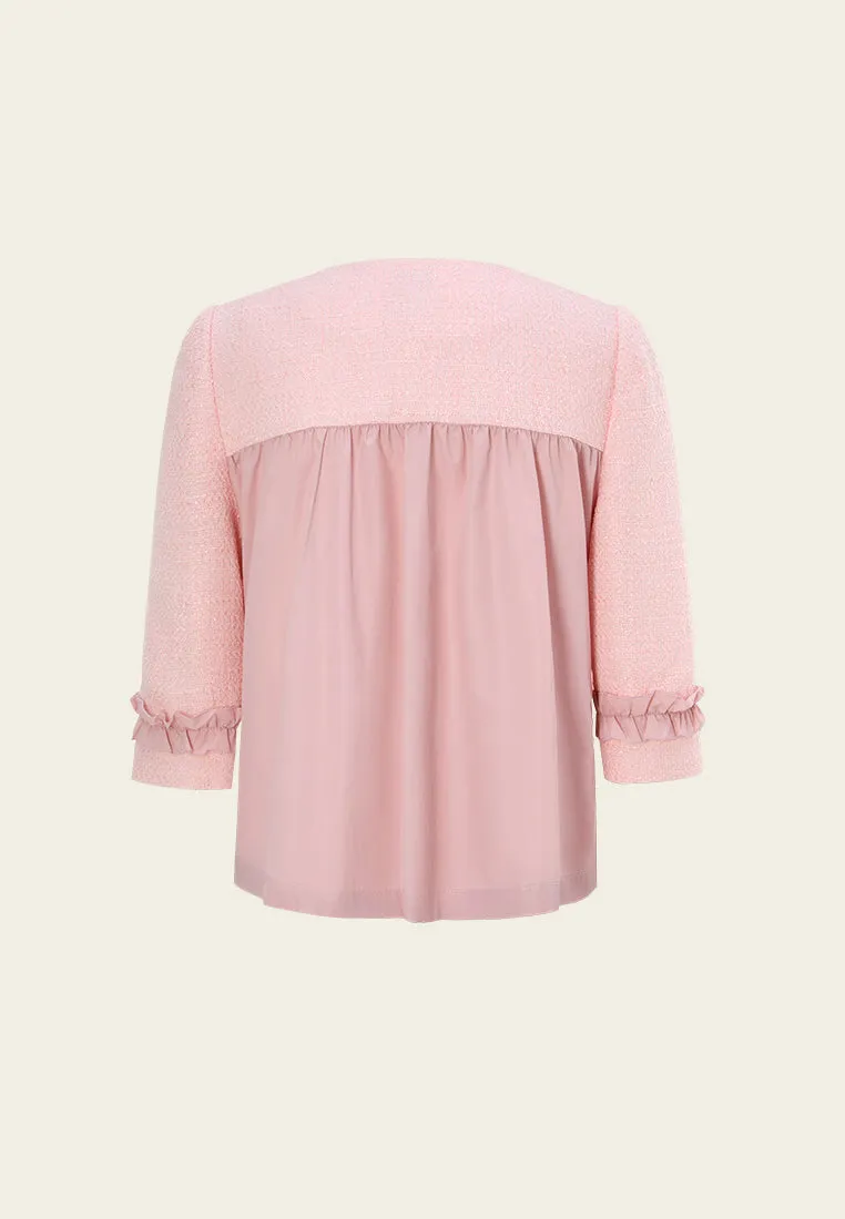 Dream Core Raw Linen Ruffle-detail Crystal-button Tweed Jacket Pink