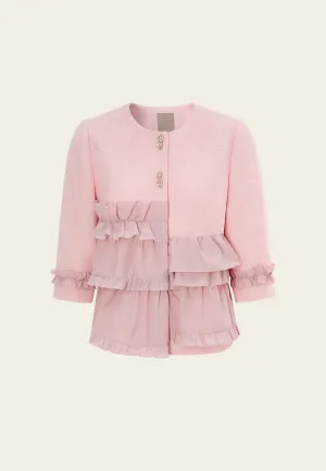 Athleisure Cool Ruffle-detail Crystal-button Tweed Jacket Pink