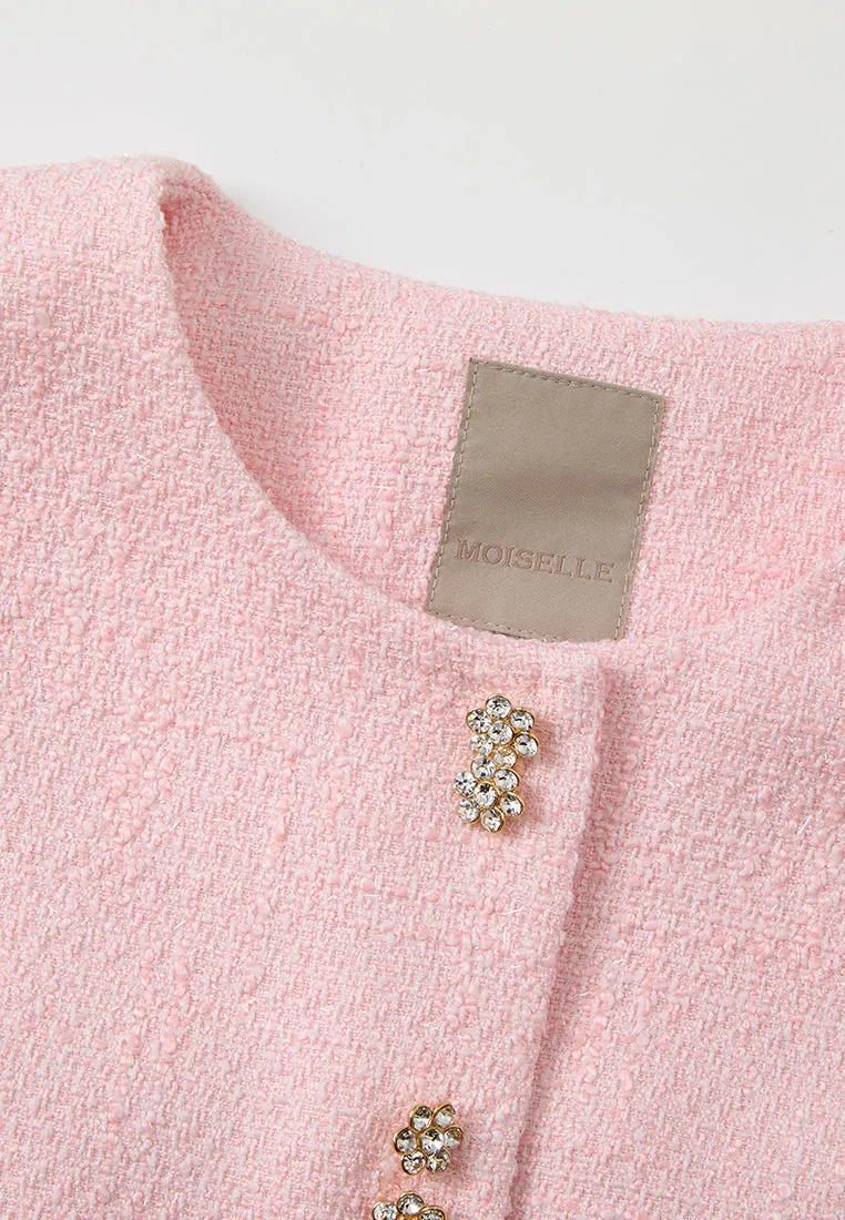 Ruffle-detail Crystal-button Tweed Jacket Pink Love Glow ShockAbsorbent Padding