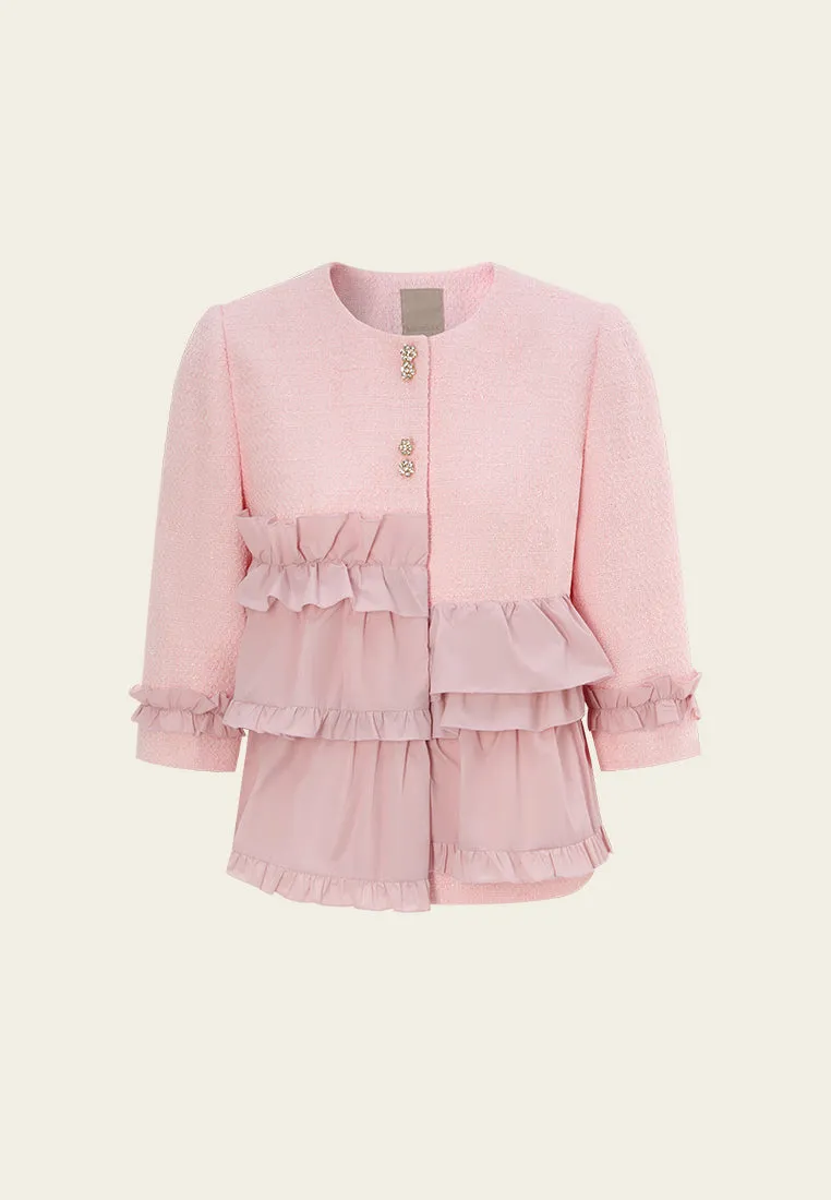 Athleisure Cool Ruffle-detail Crystal-button Tweed Jacket Pink