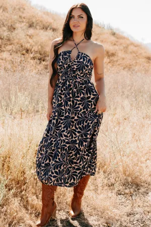Purpose Driven Printed Halter Midi Dress (Navy/Clay) Velvet Smooth Modern Wear