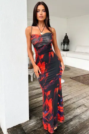 Barb Mesh Maxi Dress - Black/Red Herb Garden