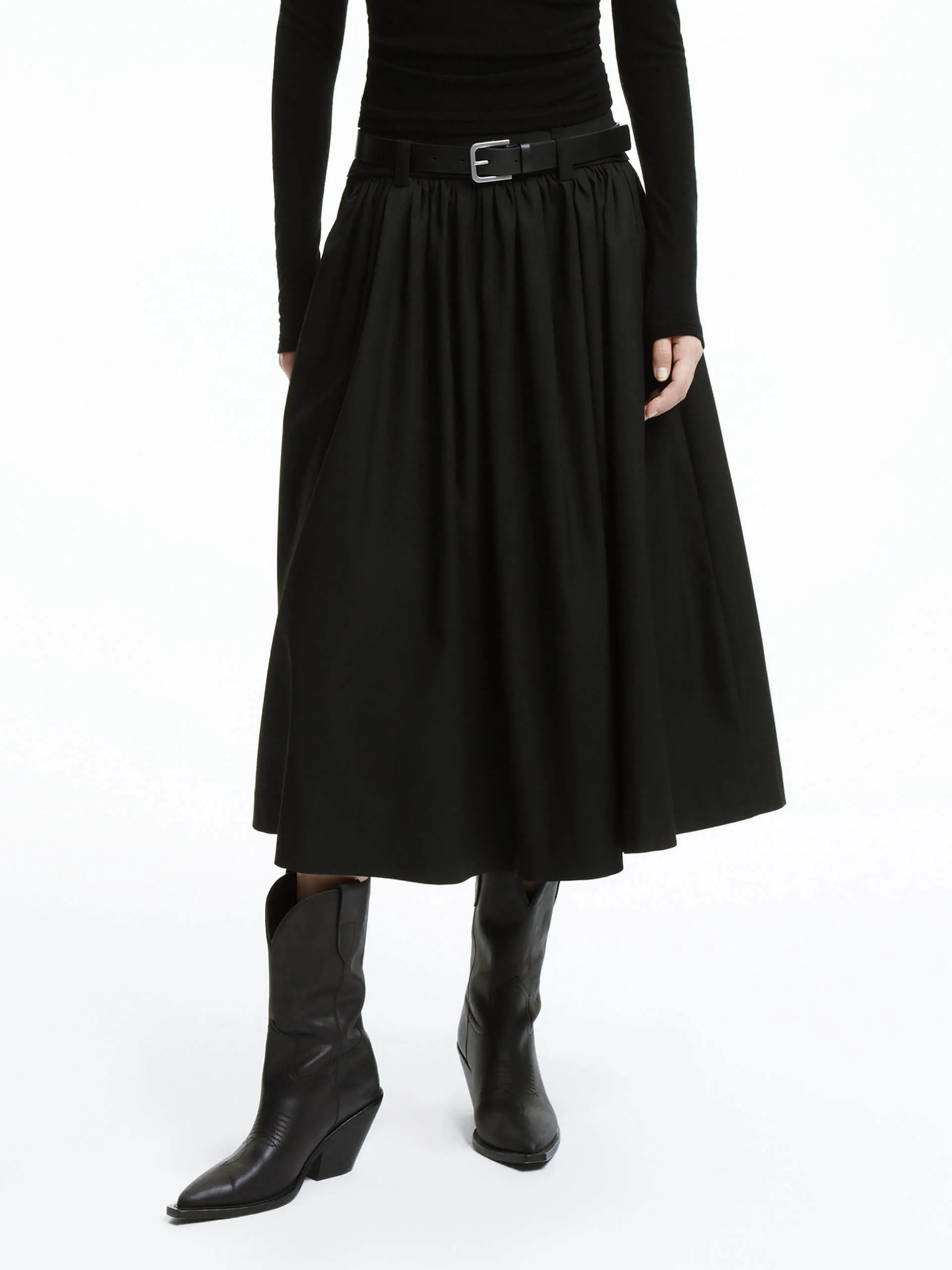 A-line Pleated Skirt with Belt Relaxed Look Cozy Tones