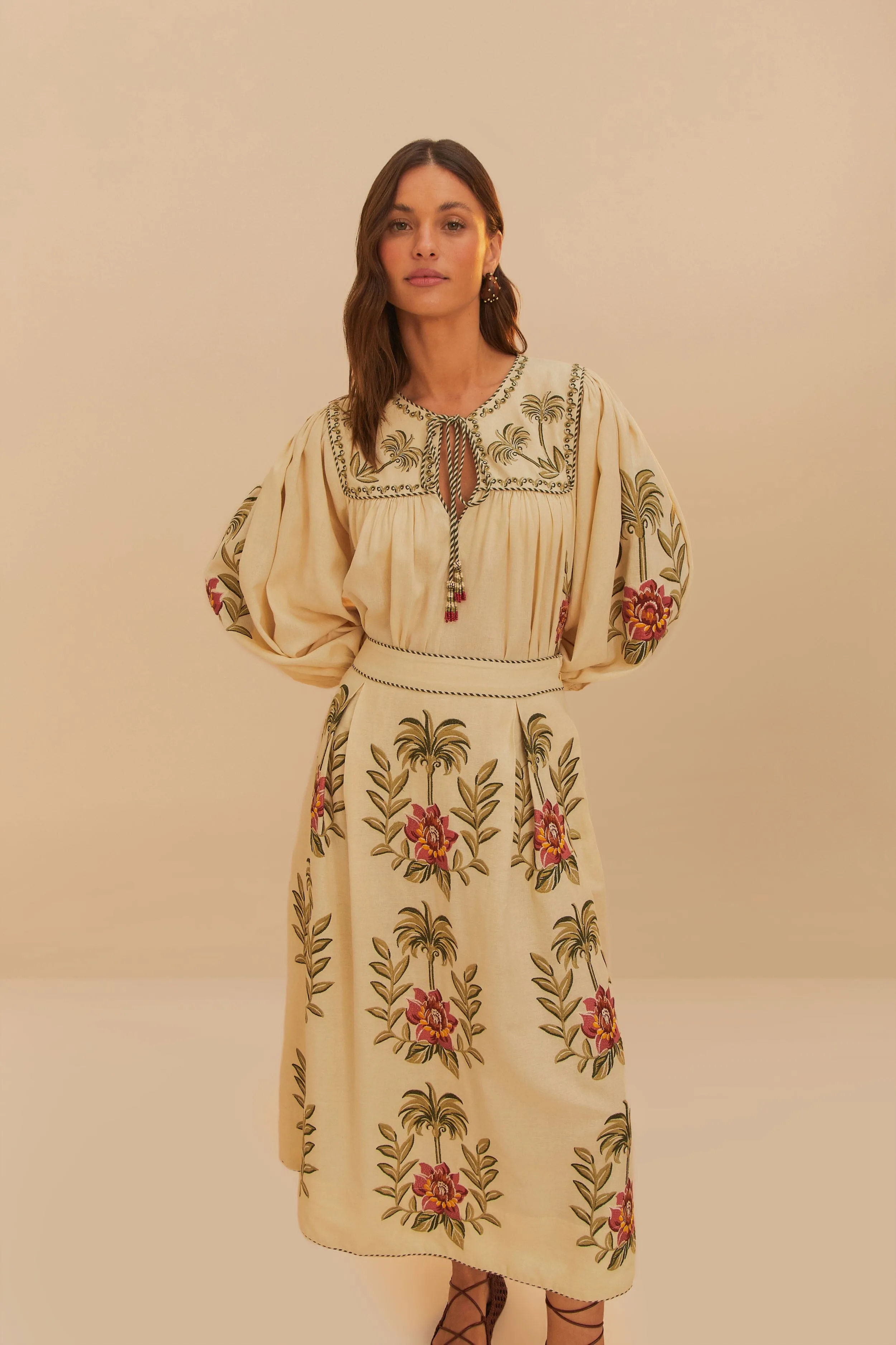 Tropical Flower Embroidered Sand Maxi Skirt Shirred Back
