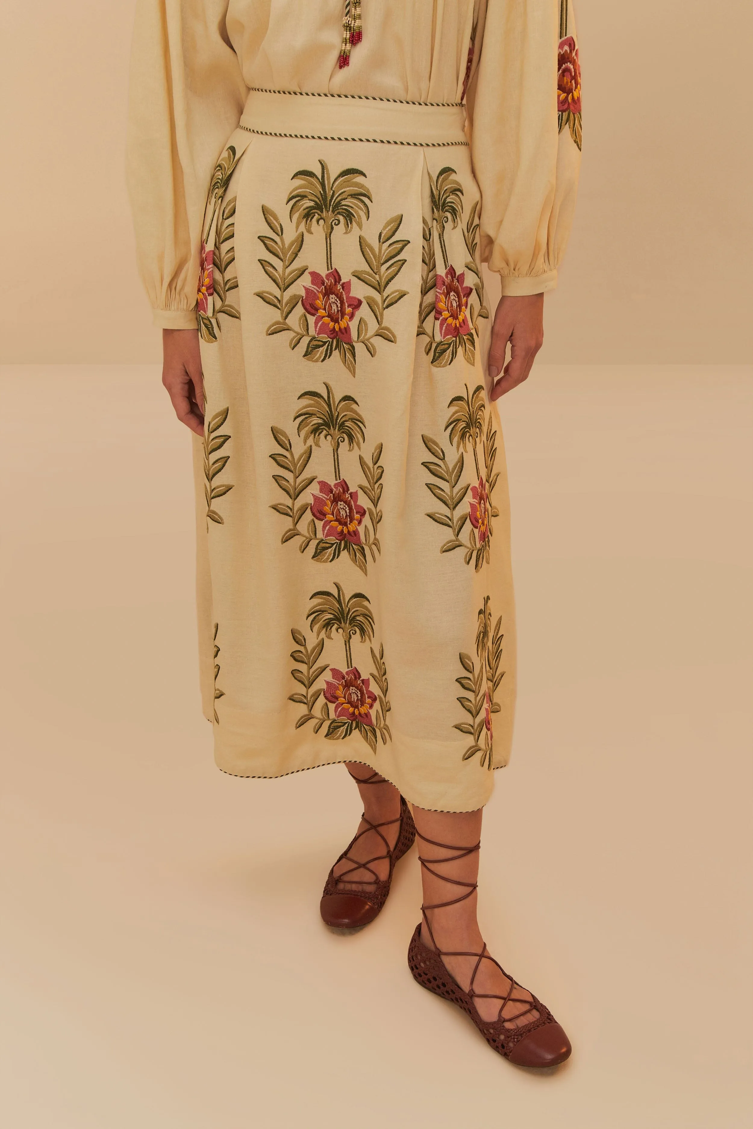 Tropical Flower Embroidered Sand Maxi Skirt Adjustable Waistband