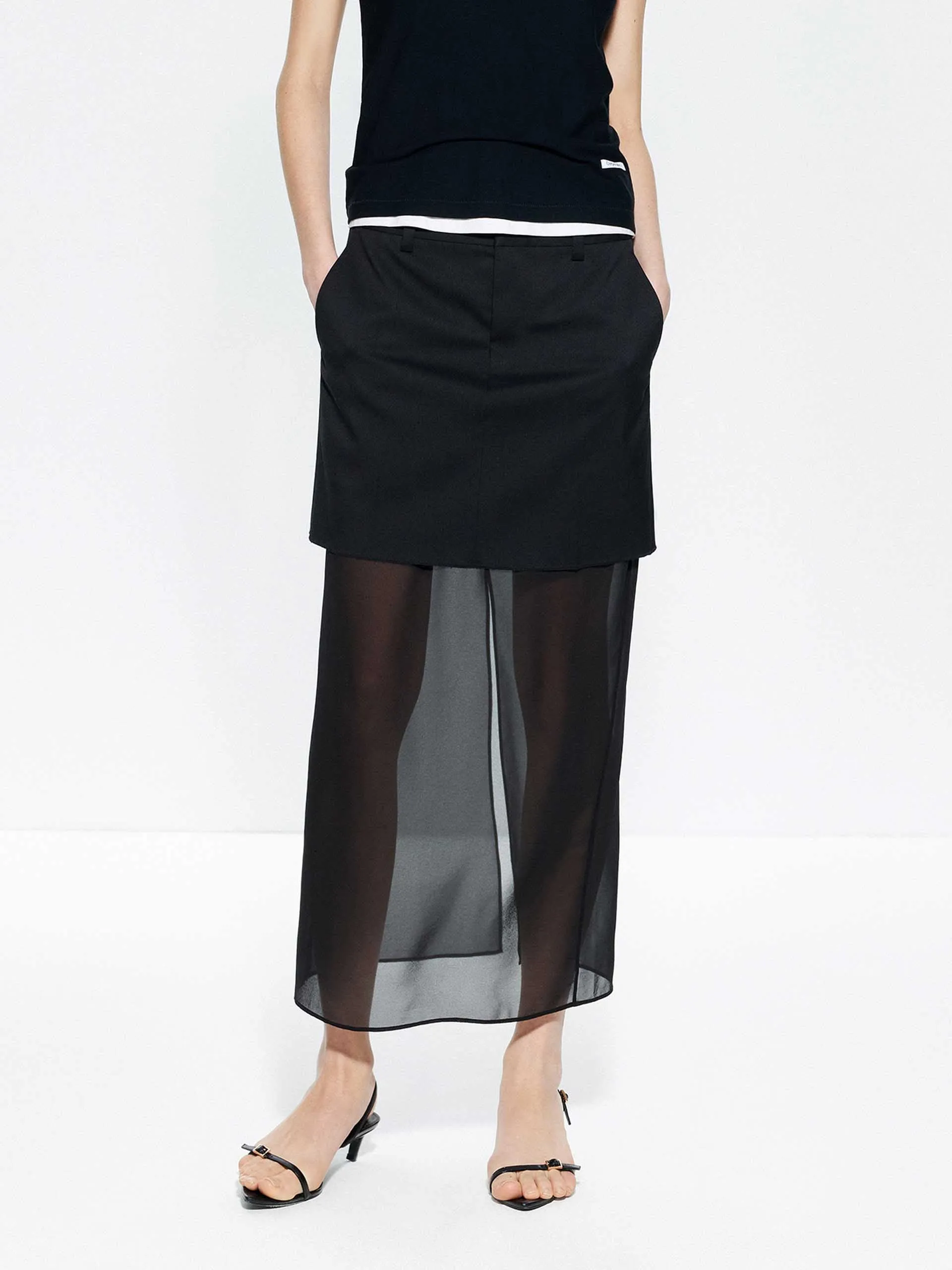 Paneled Tulle Midi Skirt Casual Edge