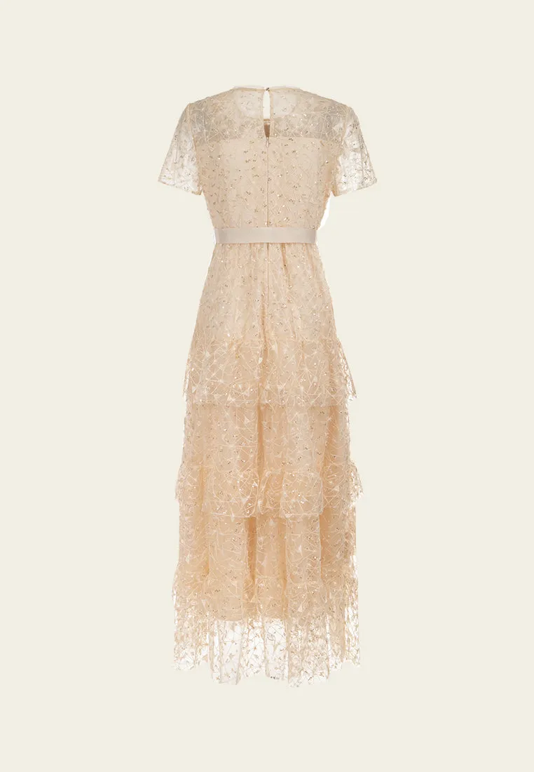 Sequin-detail Floral Embroidered Layered Mesh Dress HighDurabilityClothing