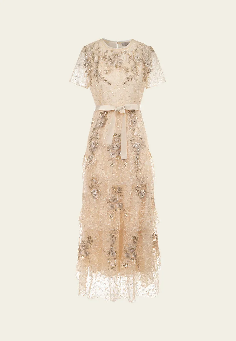 OdorControlTech Sequin-detail Floral Embroidered Layered Mesh Dress