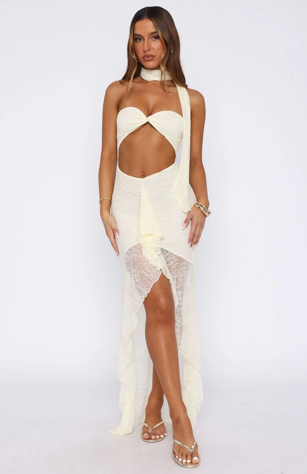 Inner Goddess Lace Maxi Dress Lemon Party Guest Matte Fit