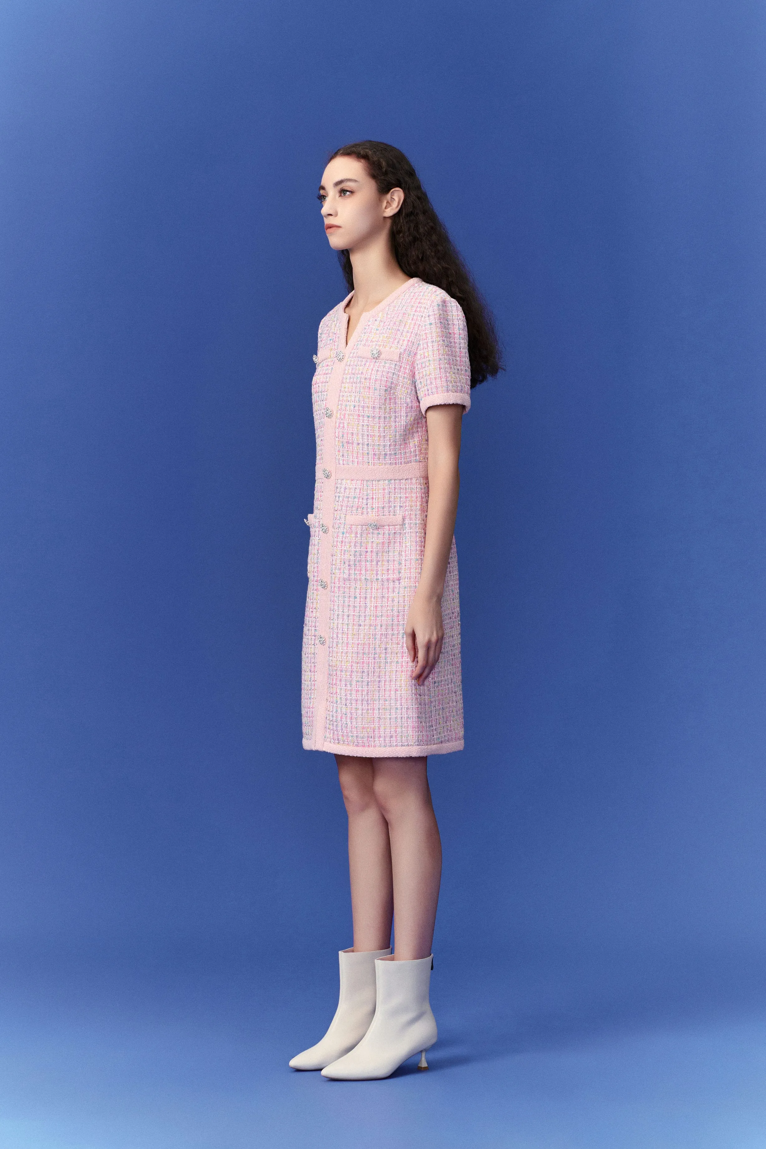 Comfort Fit ReinforcedStitching Pastel V-neck Tweed Dress