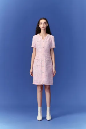 Pure Core Lightweight insulation Pastel V-neck Tweed Dress