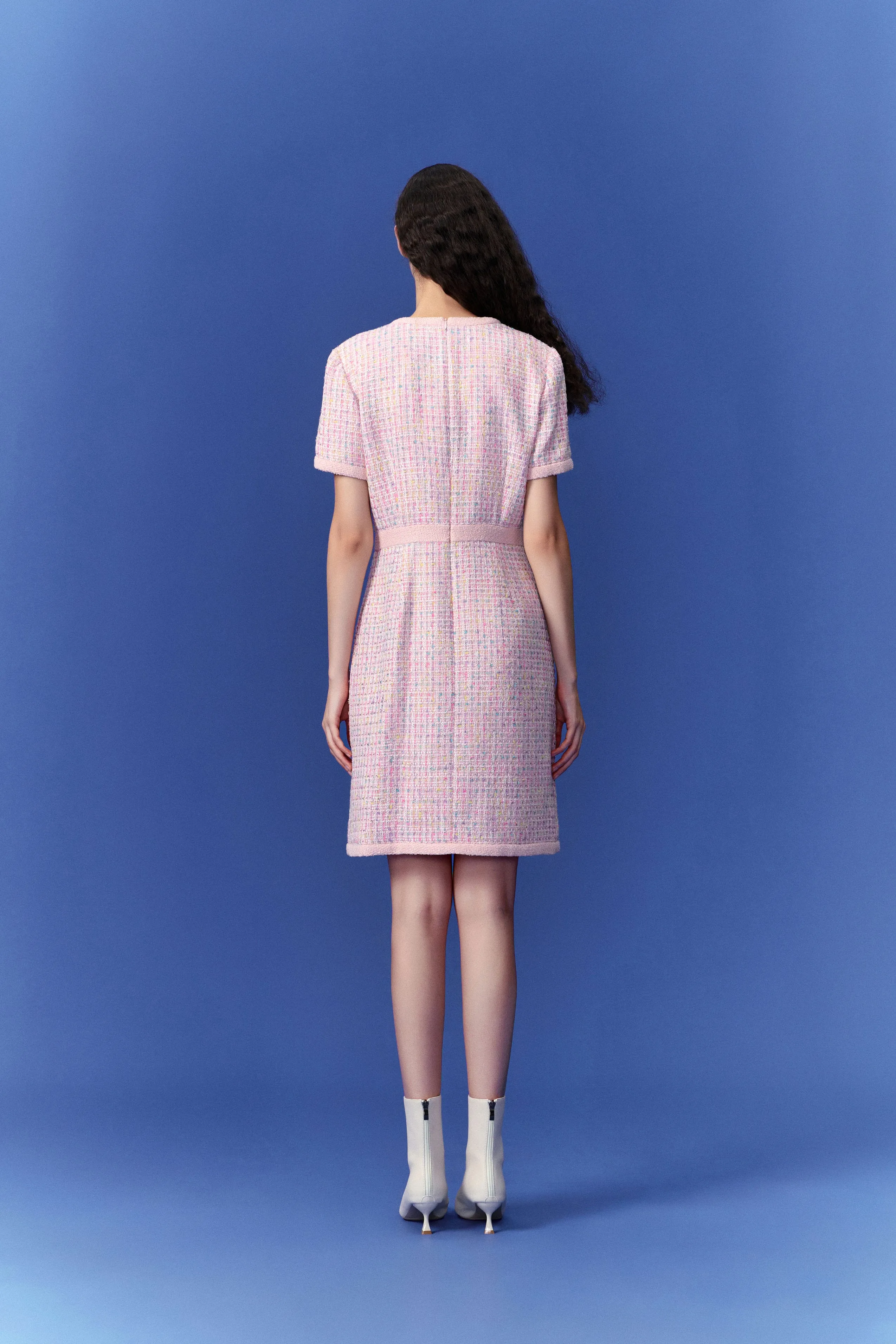 Pastel V-neck Tweed Dress Adjustable drawstring