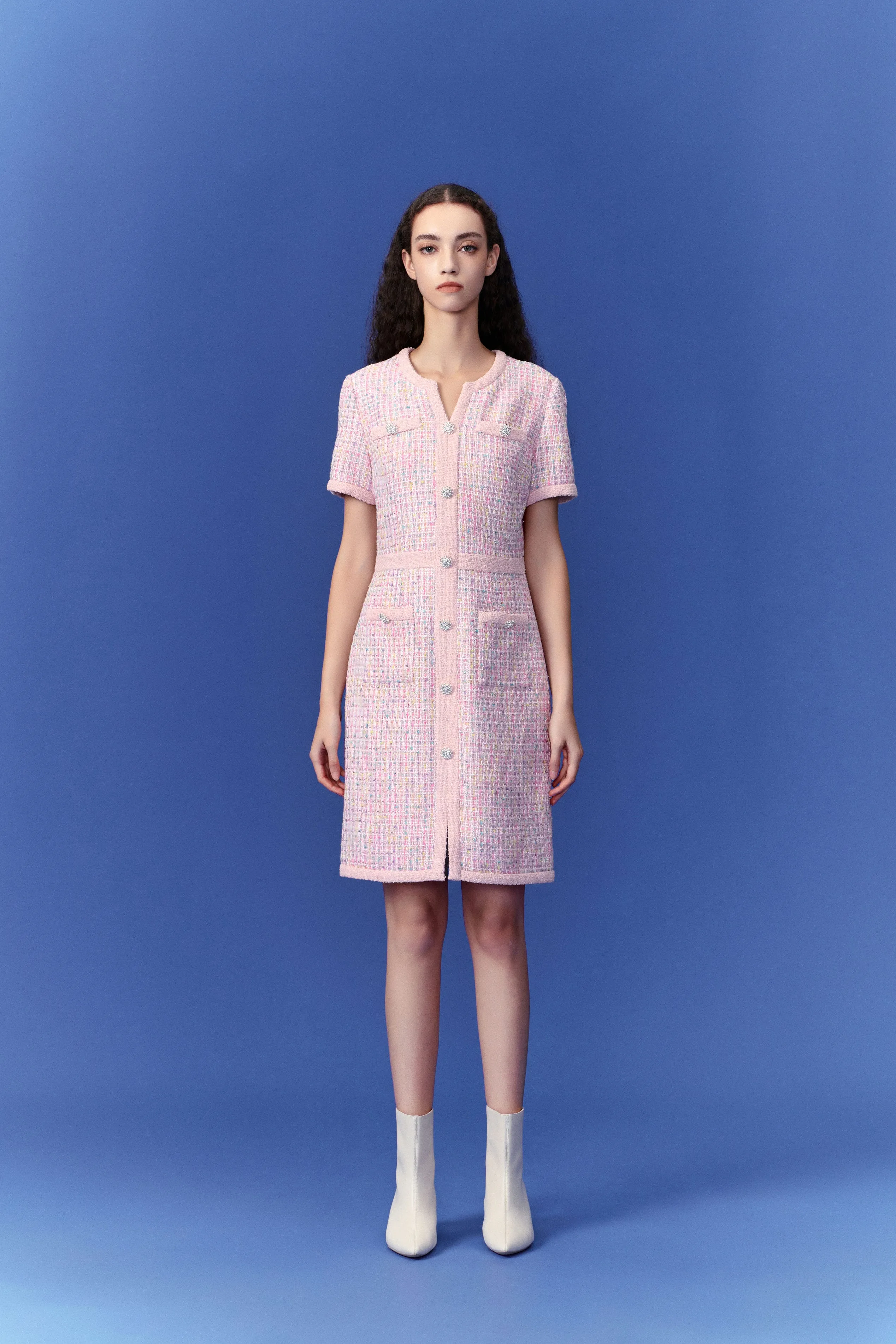 Pure Core Lightweight insulation Pastel V-neck Tweed Dress