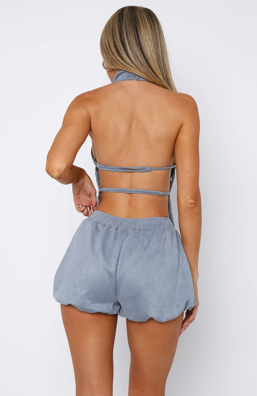 Moisture Wicking Fabric Still Love Me Faux Suede Mini Shorts Cornflower Blue
