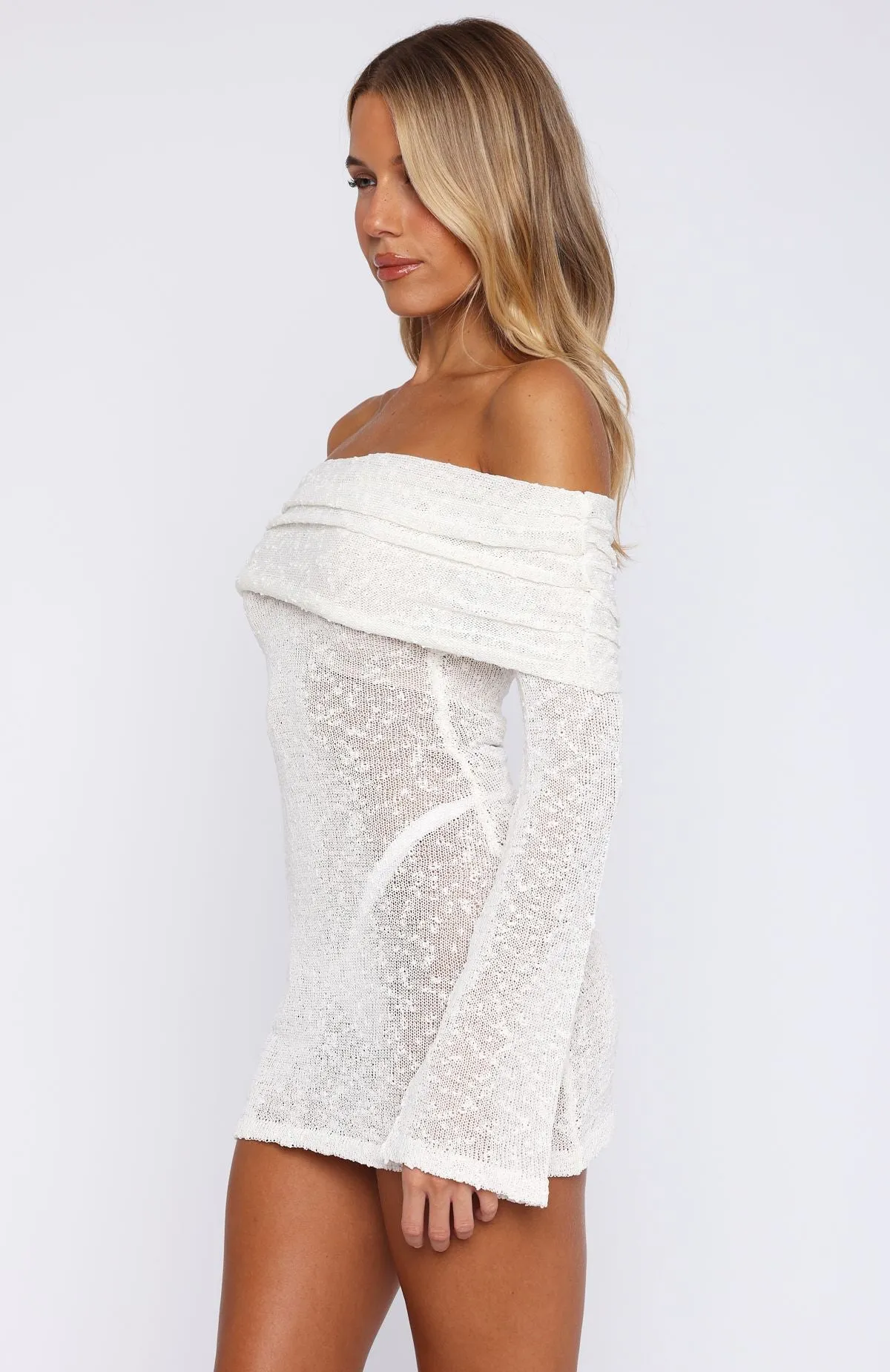 Firm Leather Can't Leave Me Long Sleeve Boucle Mini Dress White