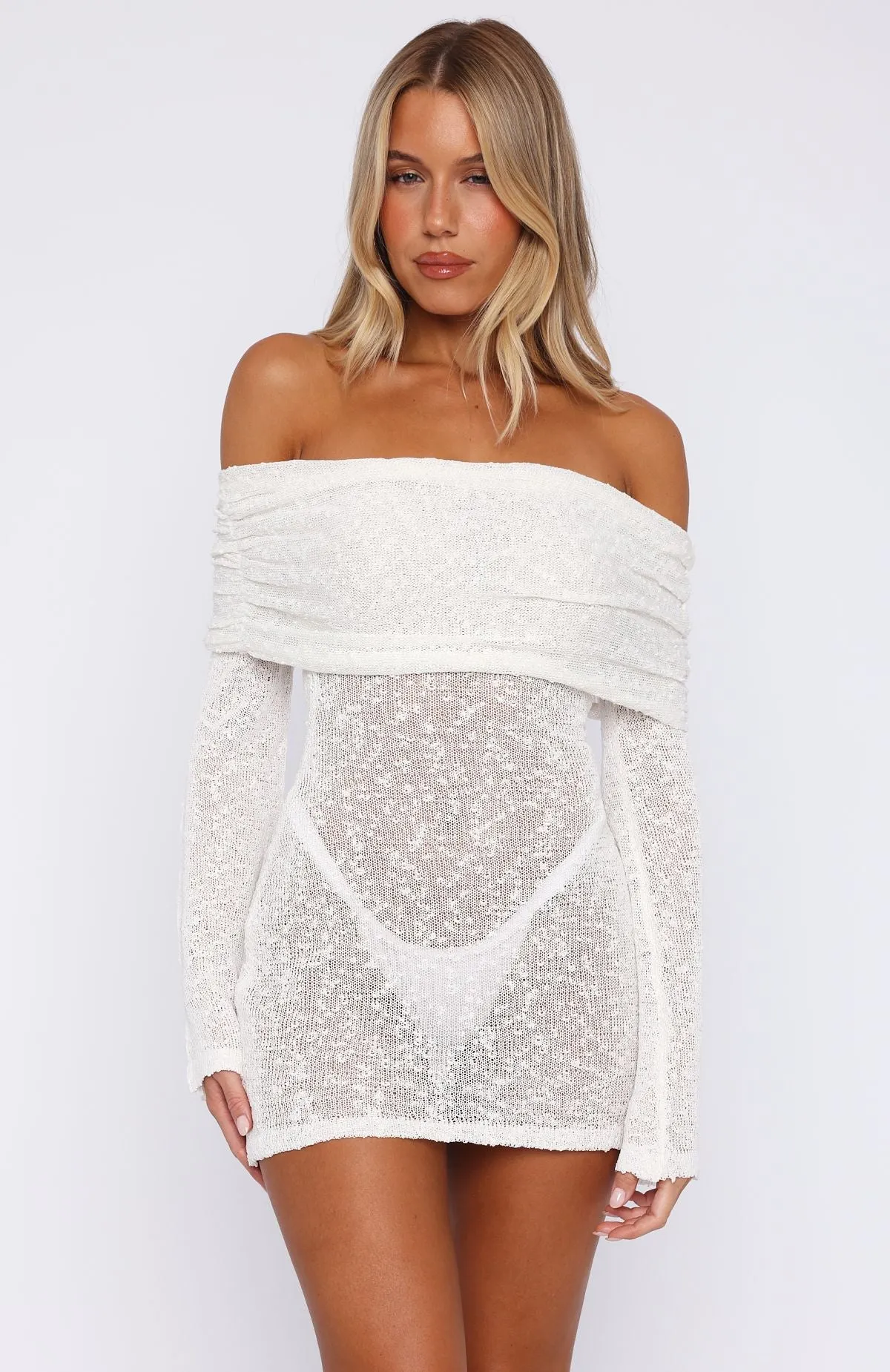 Game Day Chic Edge Can't Leave Me Long Sleeve Boucle Mini Dress White