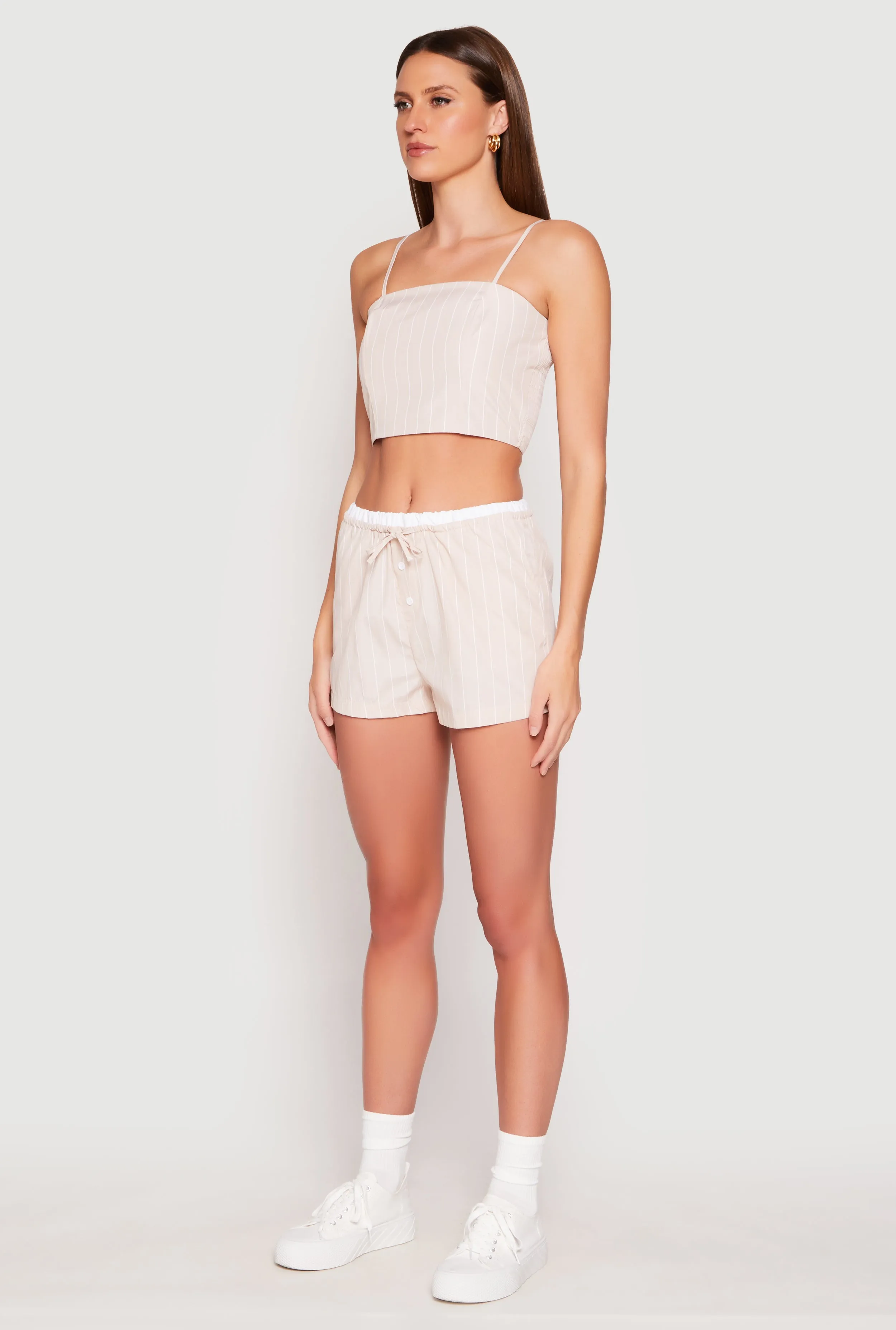Almost Famous Pinstripe Poplin Smocked Back Cami Mesh inserts Double Stitched Hems
