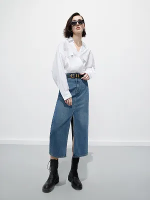 Slit Detailed Midi Denim Skirt Bold Print
