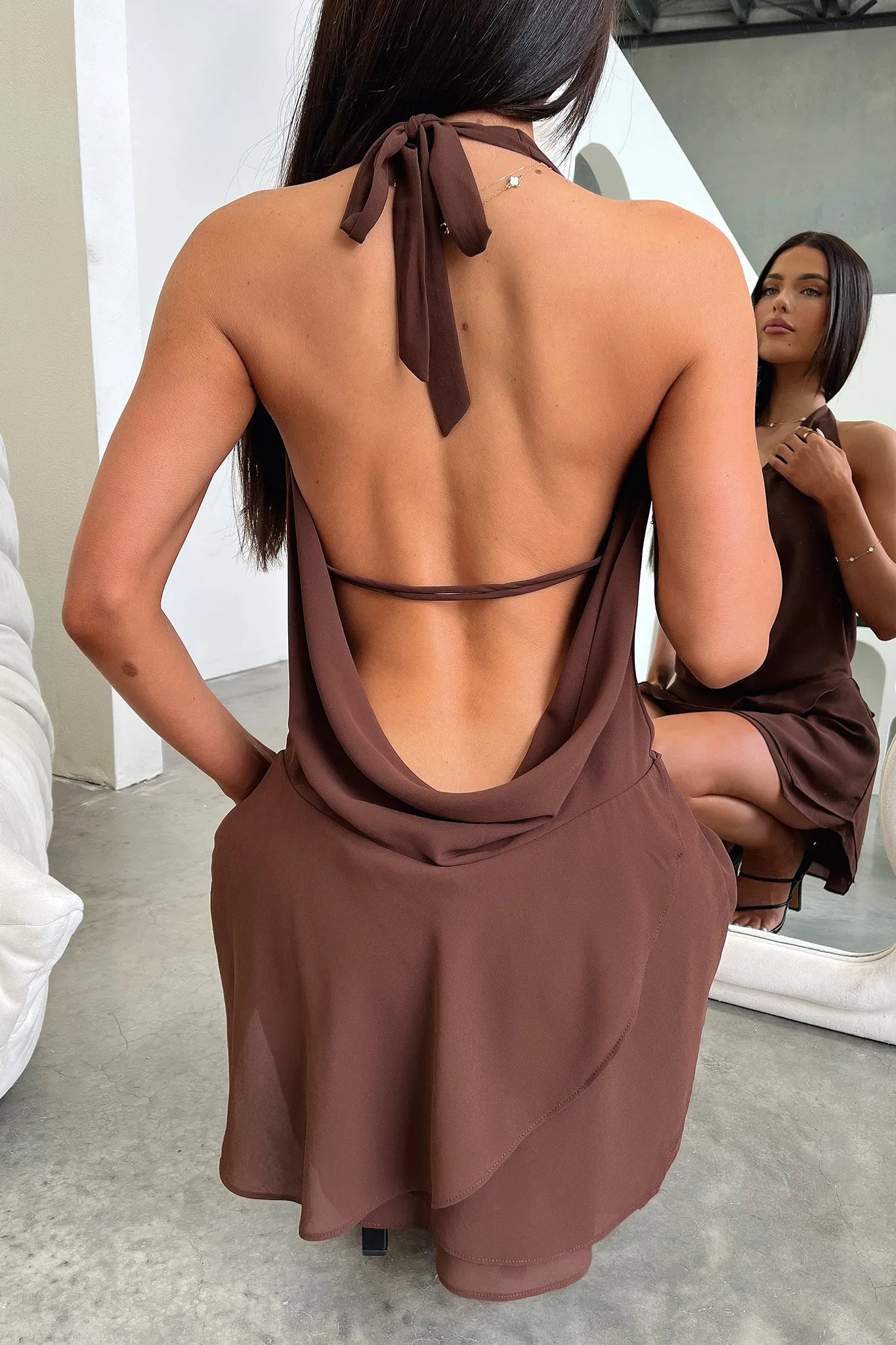 Cleo Plunge Cowl Neck Mini Dress - Brown Shoot Ready