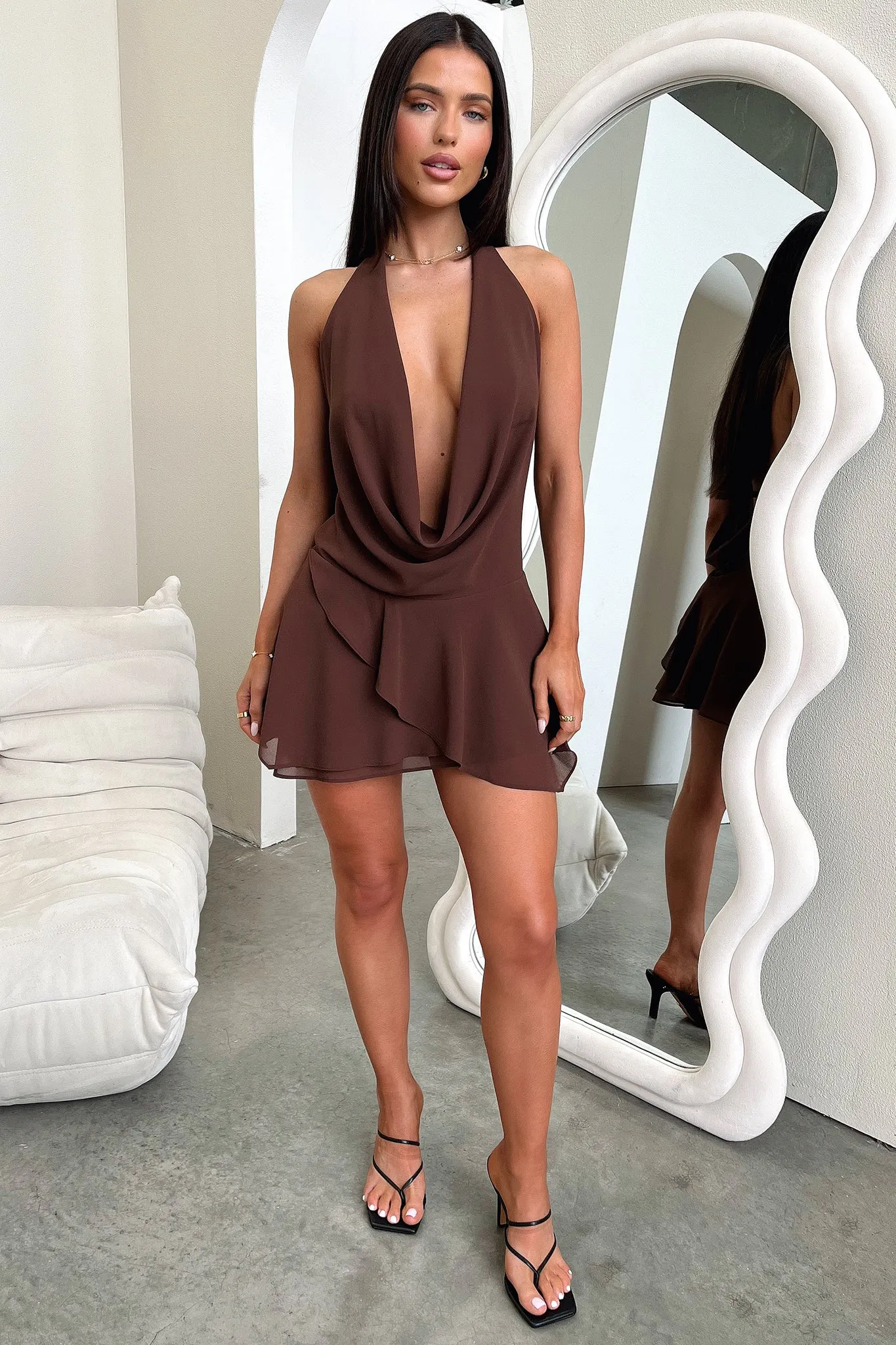 Cleo Plunge Cowl Neck Mini Dress - Brown Simple chic mini