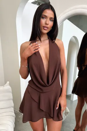 Star Warm Glow Edge Cleo Plunge Cowl Neck Mini Dress - Brown