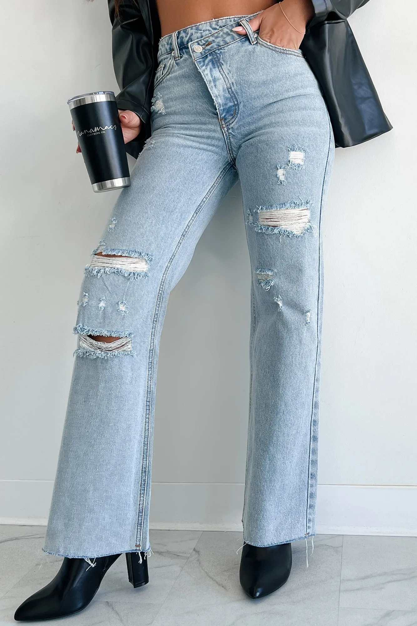 Travel Essential Elgin High Rise Cross-Waist Straight Leg Jeans (Light)