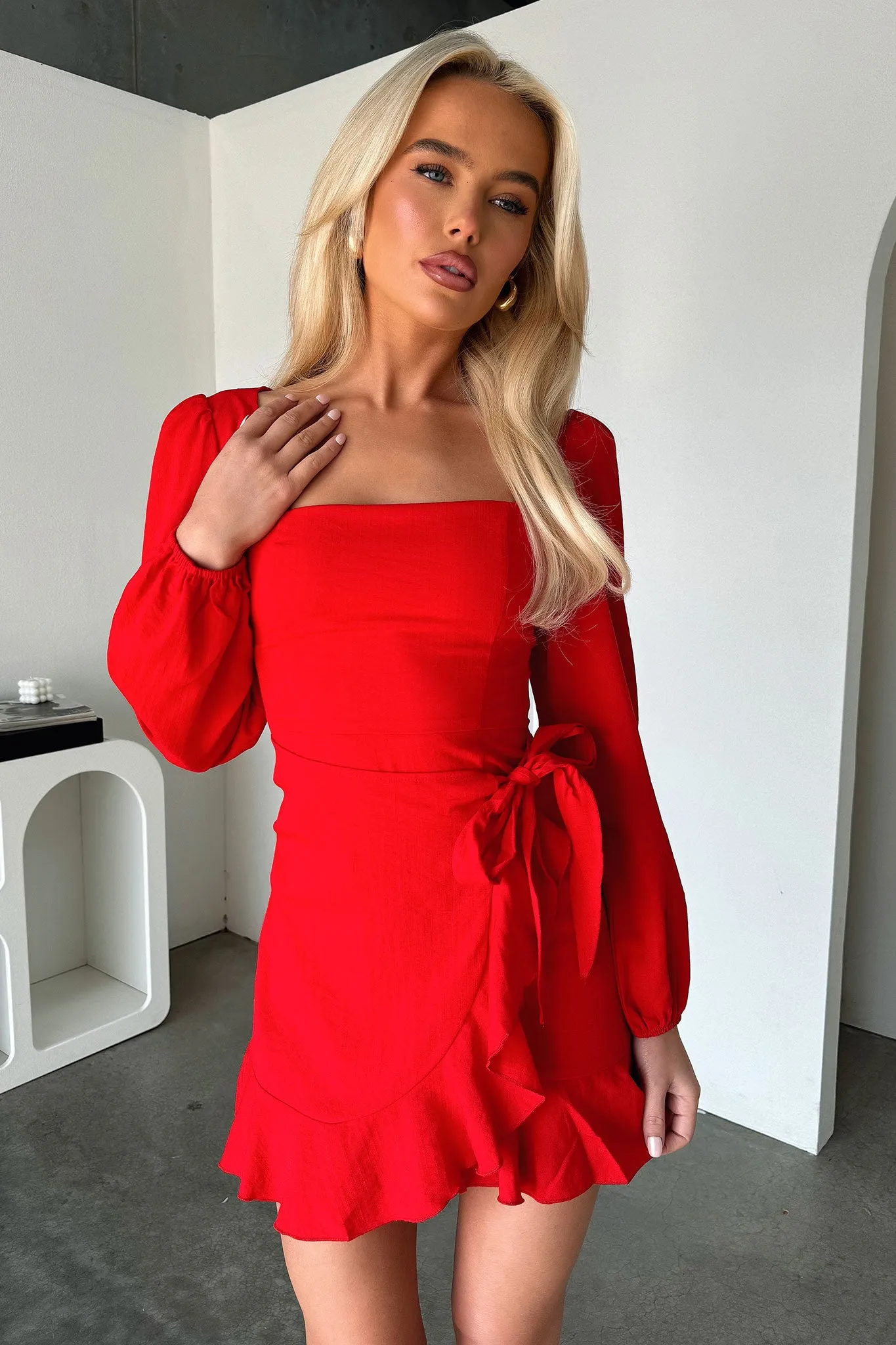 UPF Sun Protection Bar Hopping Silvana Long Sleeve Wrap Mini Dress - Red