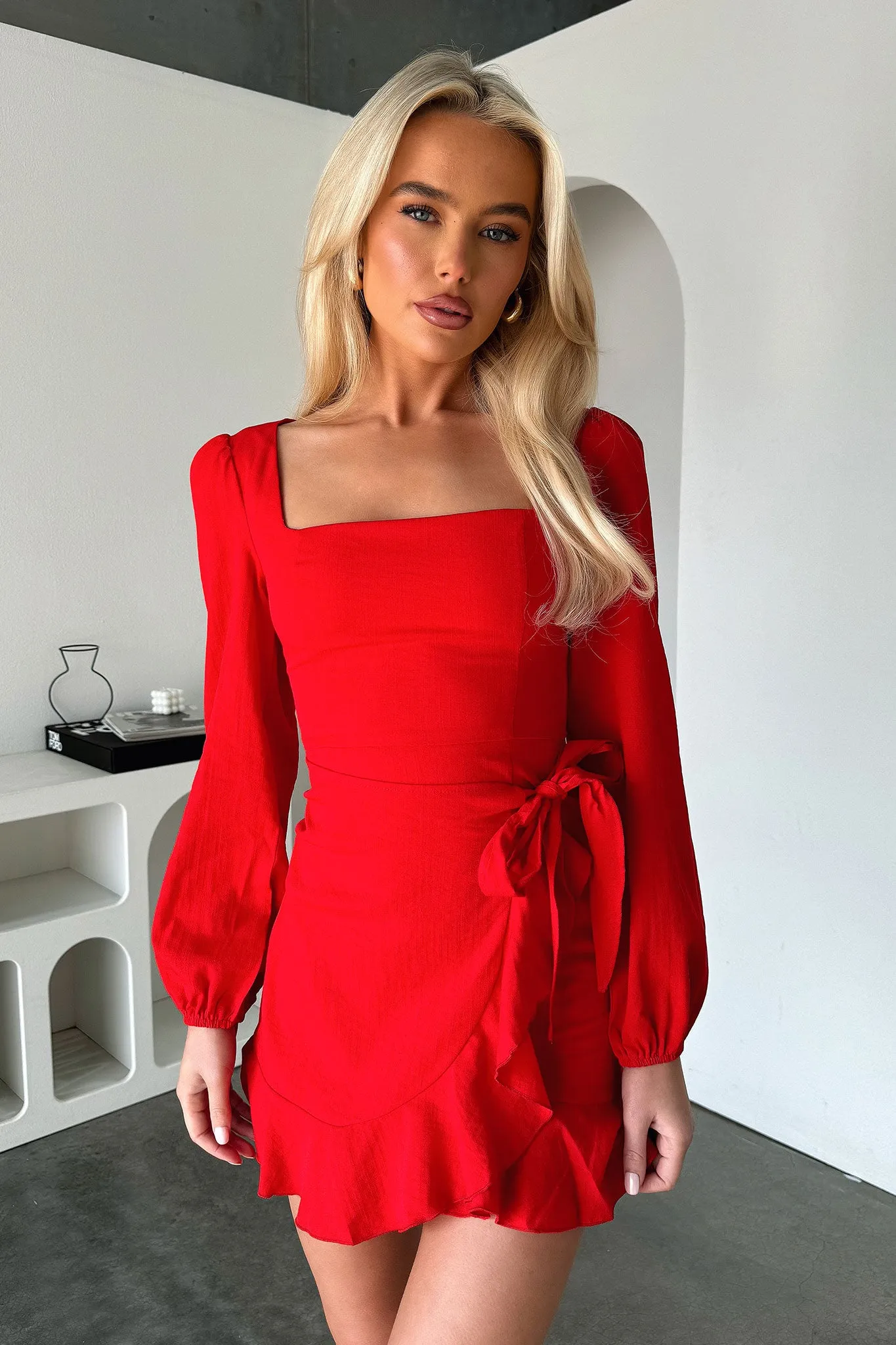 party mode Non toxic Silvana Long Sleeve Wrap Mini Dress - Red