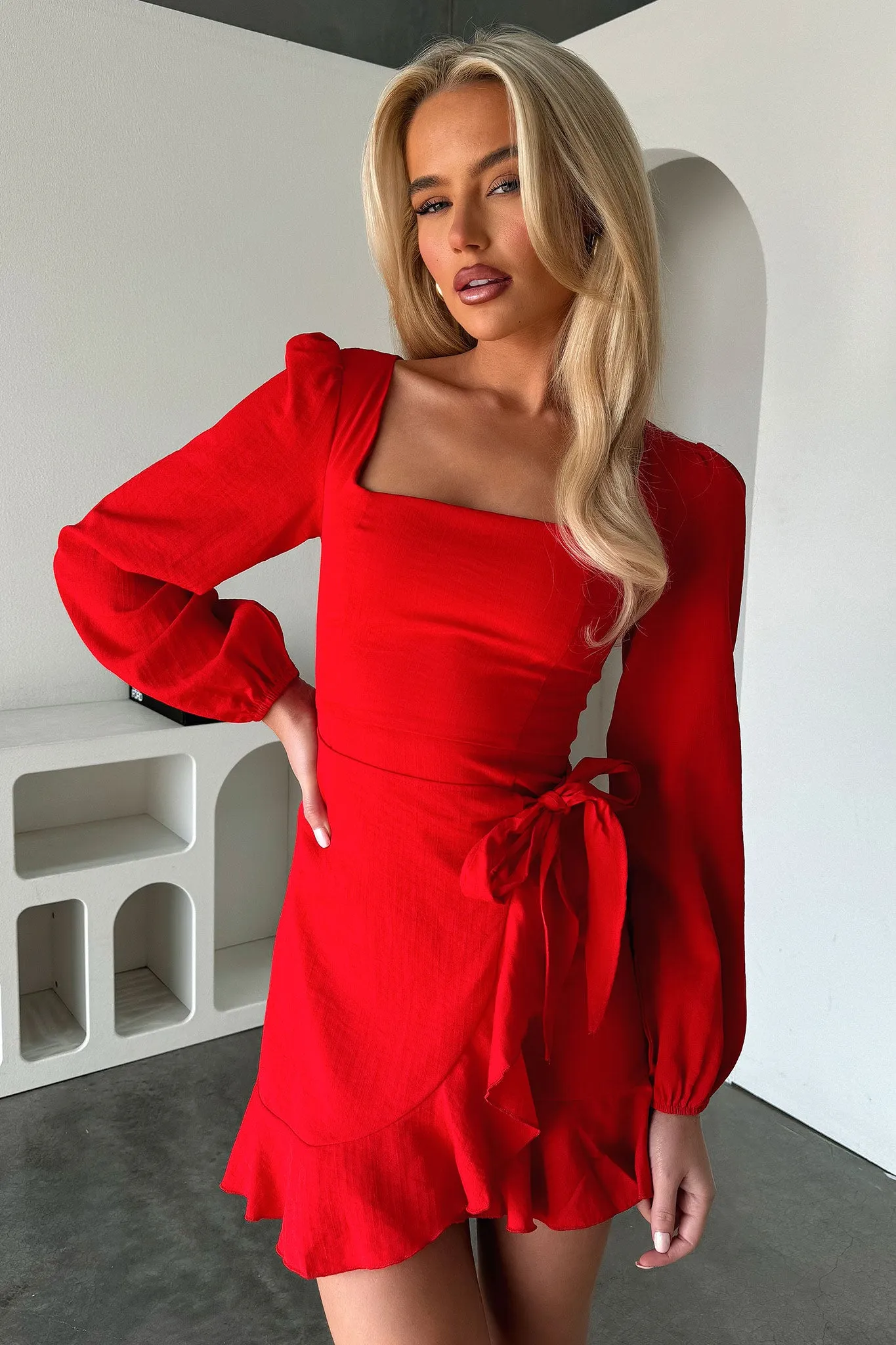 Silvana Long Sleeve Wrap Mini Dress - Red Casual Glam Scene Fresh