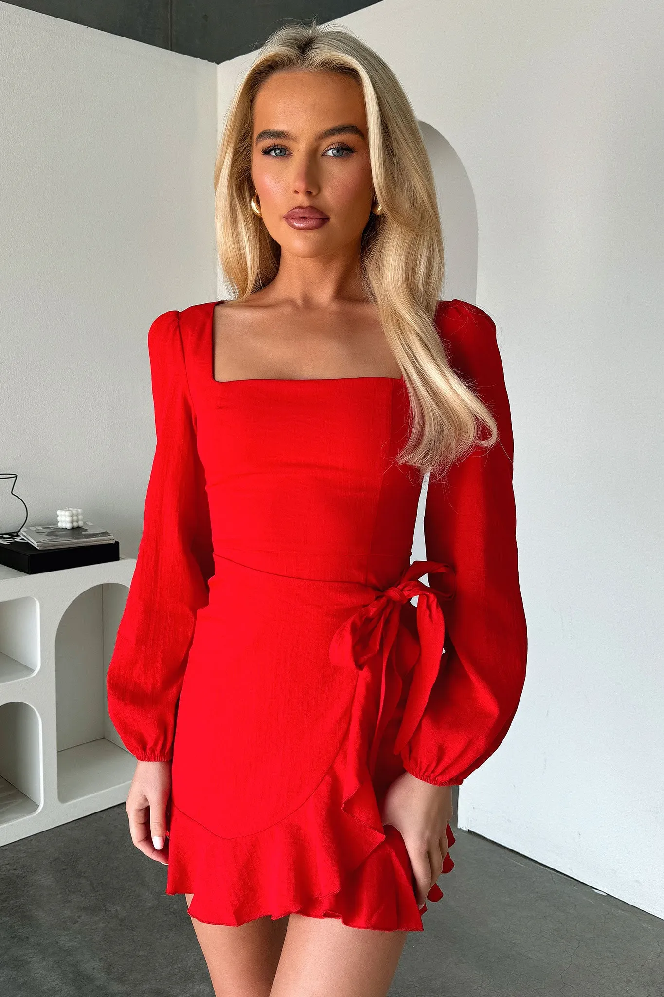 Youth Flair Silvana Long Sleeve Wrap Mini Dress - Red