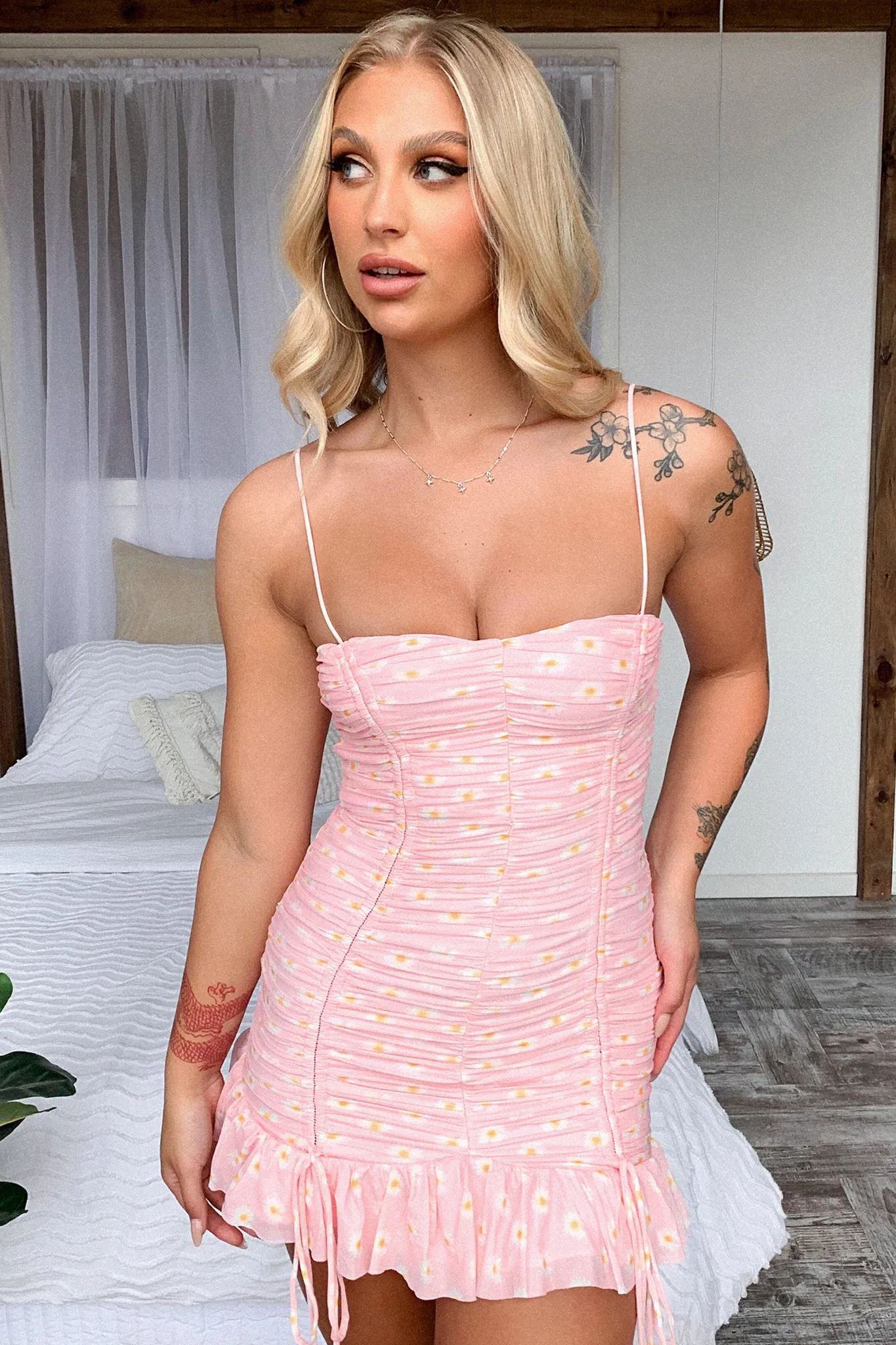 Trendy boho-inspired mini Bold print mini dress Cassidy Dress - Pink Floral