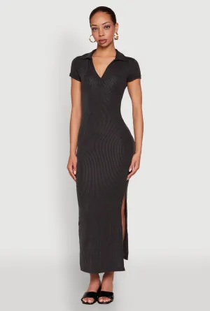 Metro Stop Side Slit Polo Collar Midi Dress