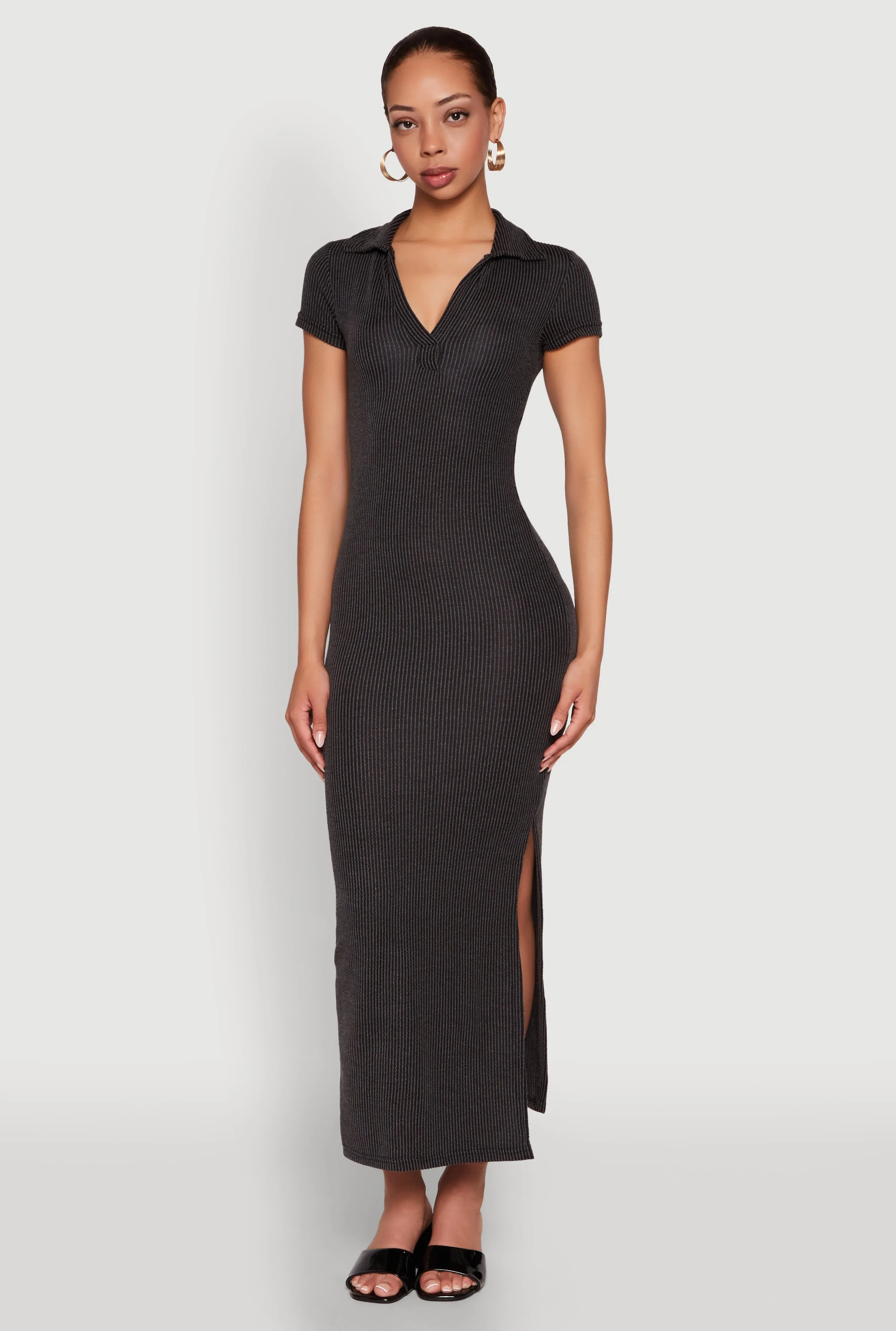 Metro Stop Side Slit Polo Collar Midi Dress