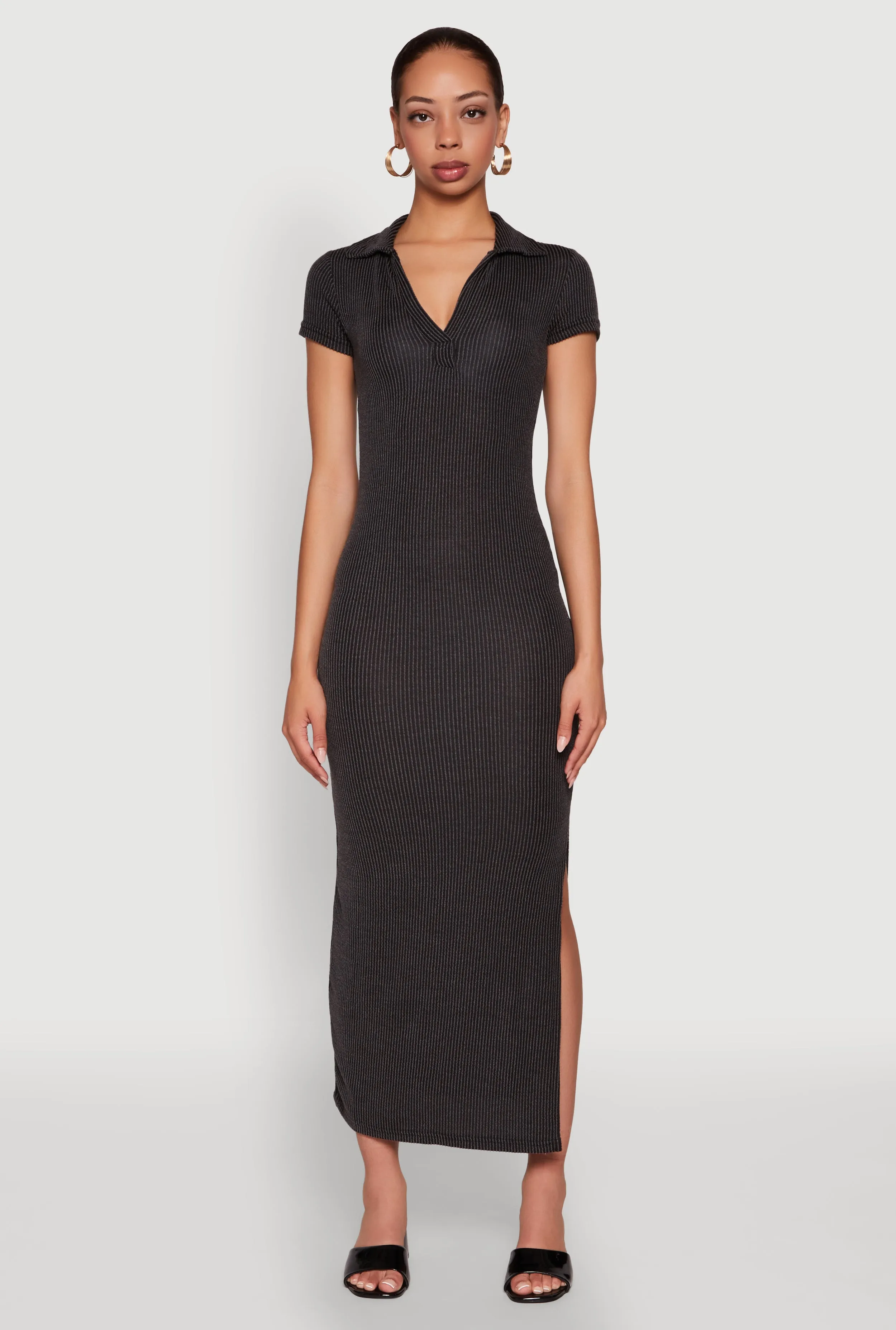 Versatile Wear Bold pattern mid-calf dress Side Slit Polo Collar Midi Dress