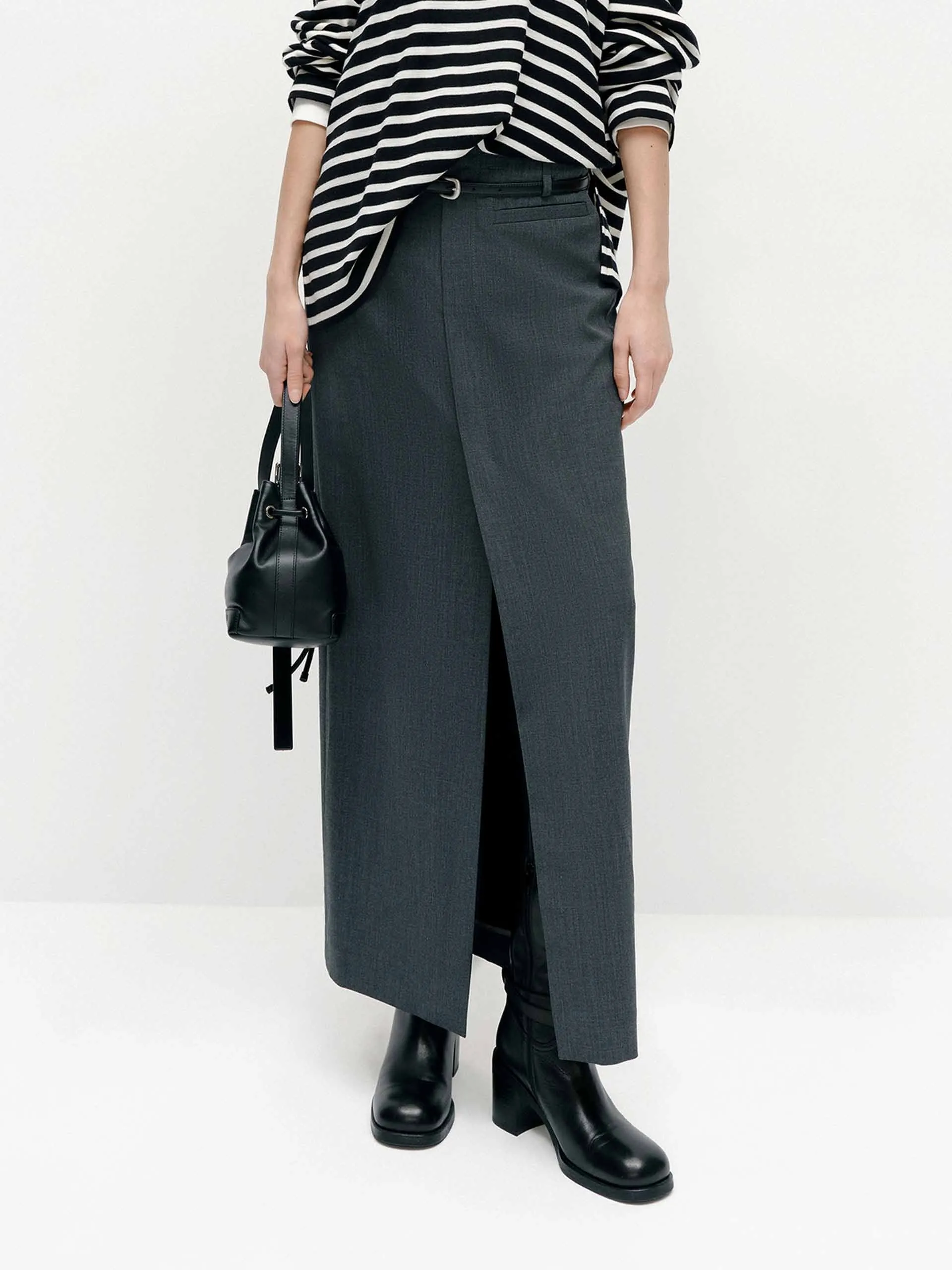 Belted Front Slit Skirt Abstract Motif ruffle trim