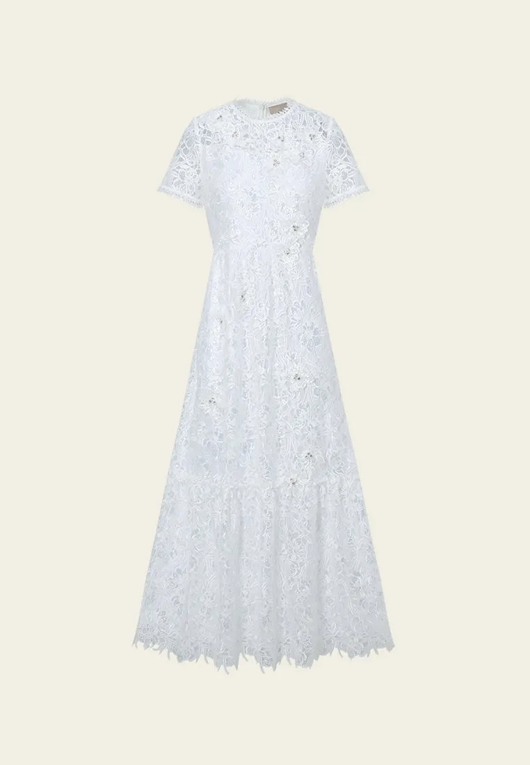 Embellished Pop-up Detail Hollow-carved Lace Dress Scandi Clean