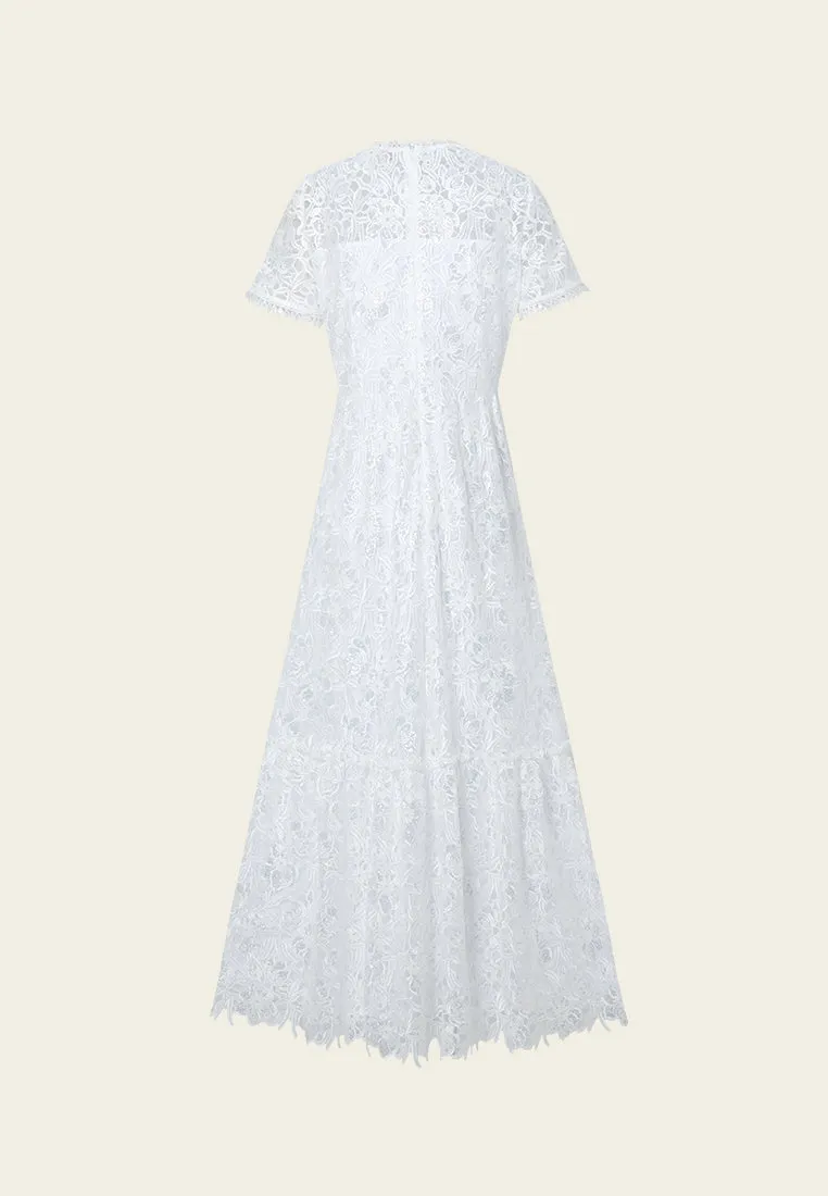 Embellished Pop-up Detail Hollow-carved Lace Dress NonBindingCollar Craft Edge