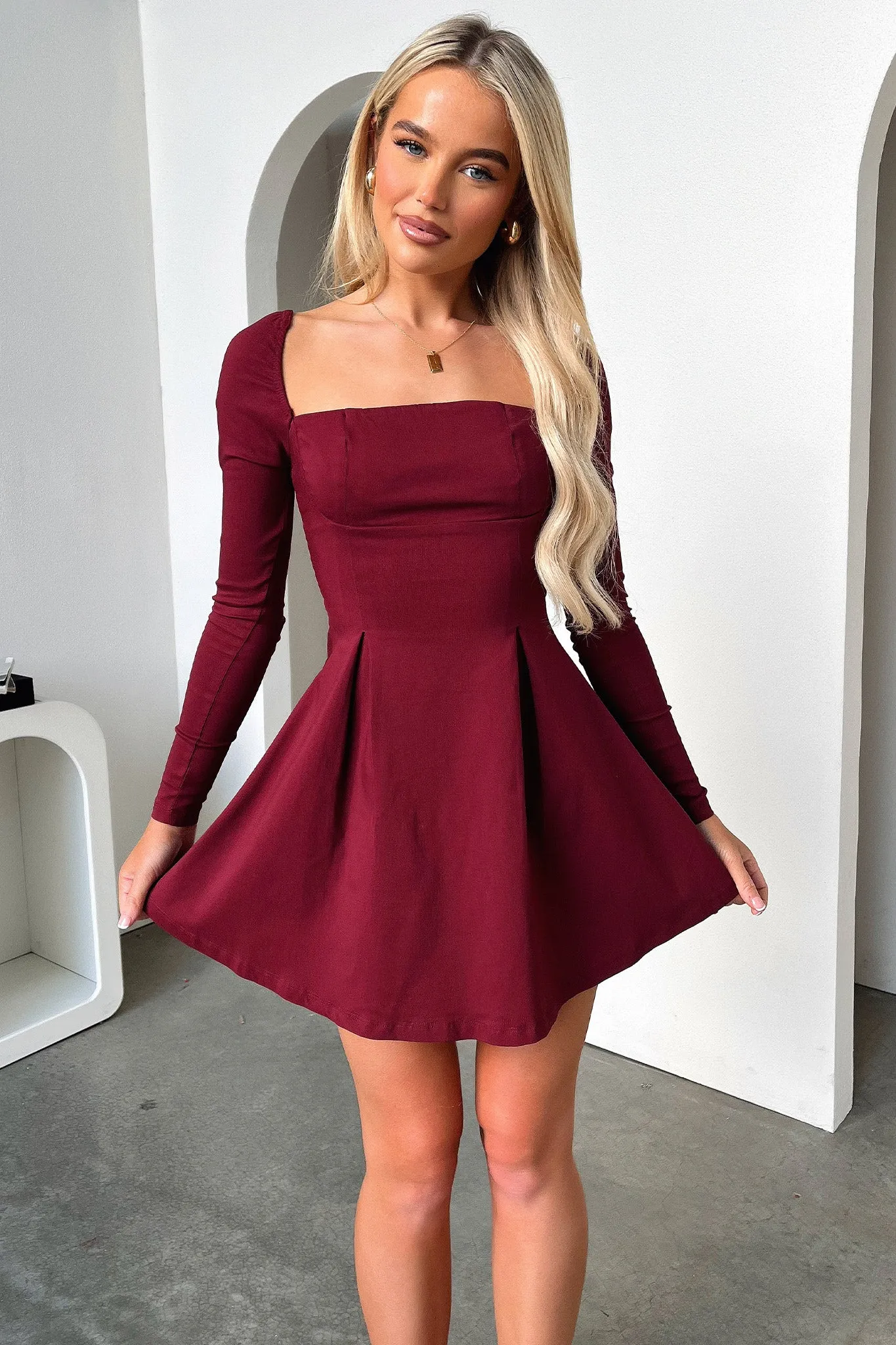 Flattering wear Youthful Style Tabitha Long Sleeve Mini Dress - Burgundy