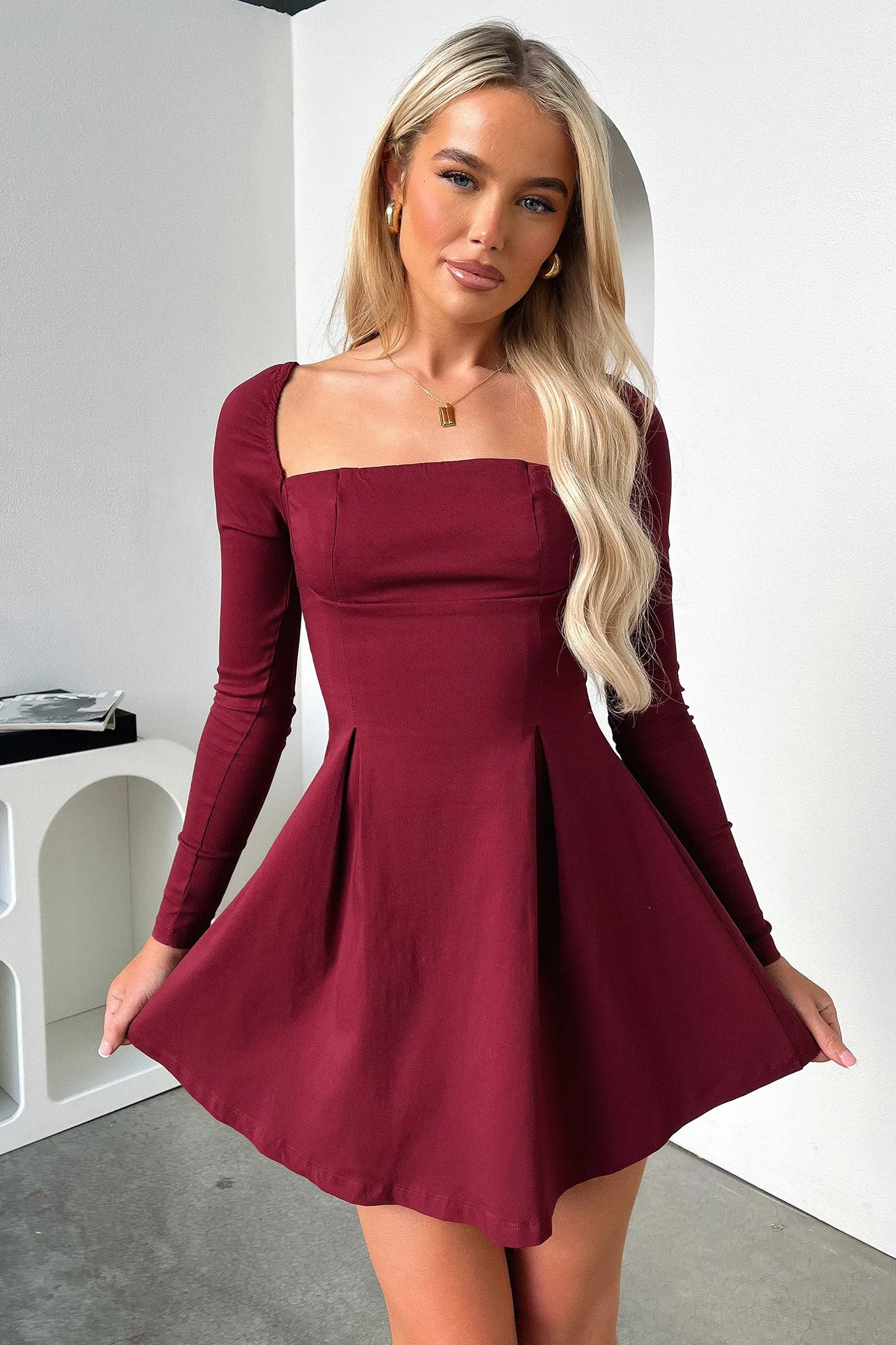 Youthful Chic Trendy Edge Tabitha Long Sleeve Mini Dress - Burgundy